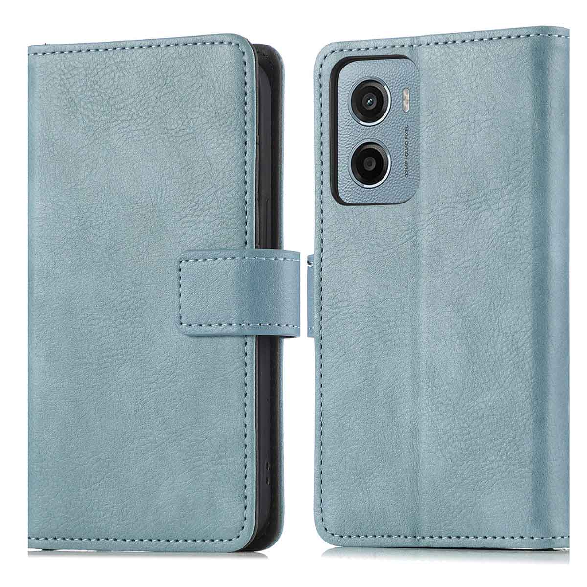 Étui de téléphone bleu ouvert avec un téléphone à l'intérieur. Isolé sur fond blanc.