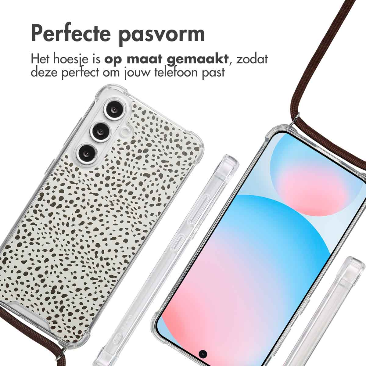 Deux téléphones avec coque transparente et imprimé dalmatien. Lanière marron.