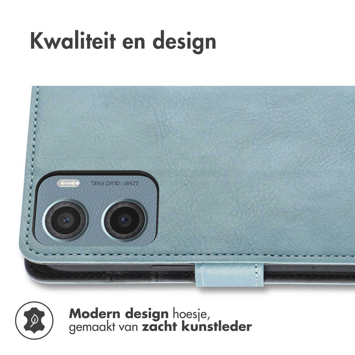 Coque de téléphone en cuir bleu ouverte pour montrer l'appareil photo. Fabriqué en similicuir souple.