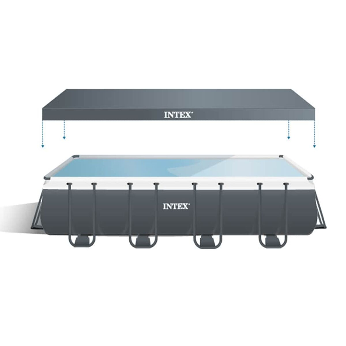 Piscine rectangulaire avec couverture. La piscine a un cadre gris avec le logo Intex.