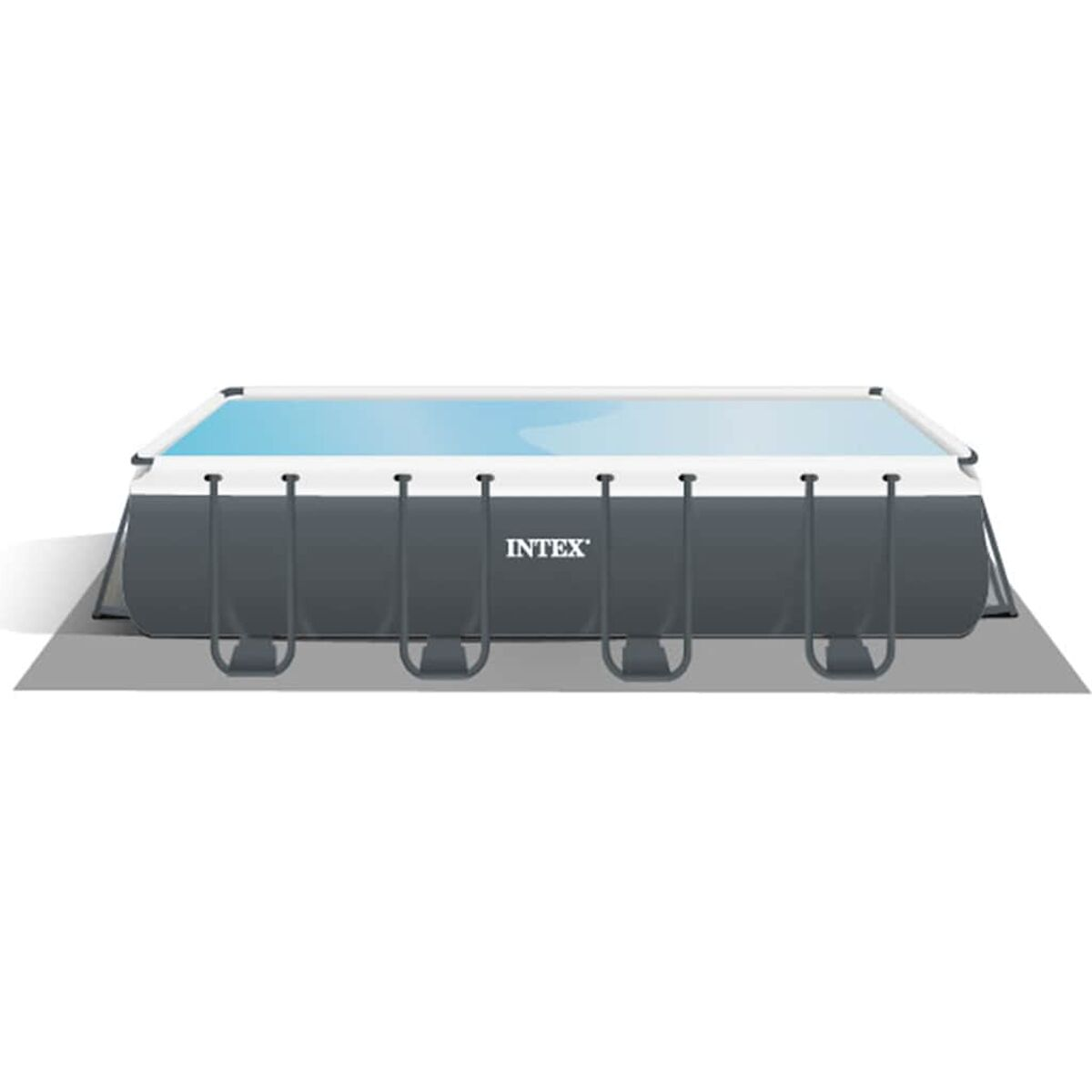 Piscine rectangulaire avec cadre gris et logo Intex, placée sur une surface grise.