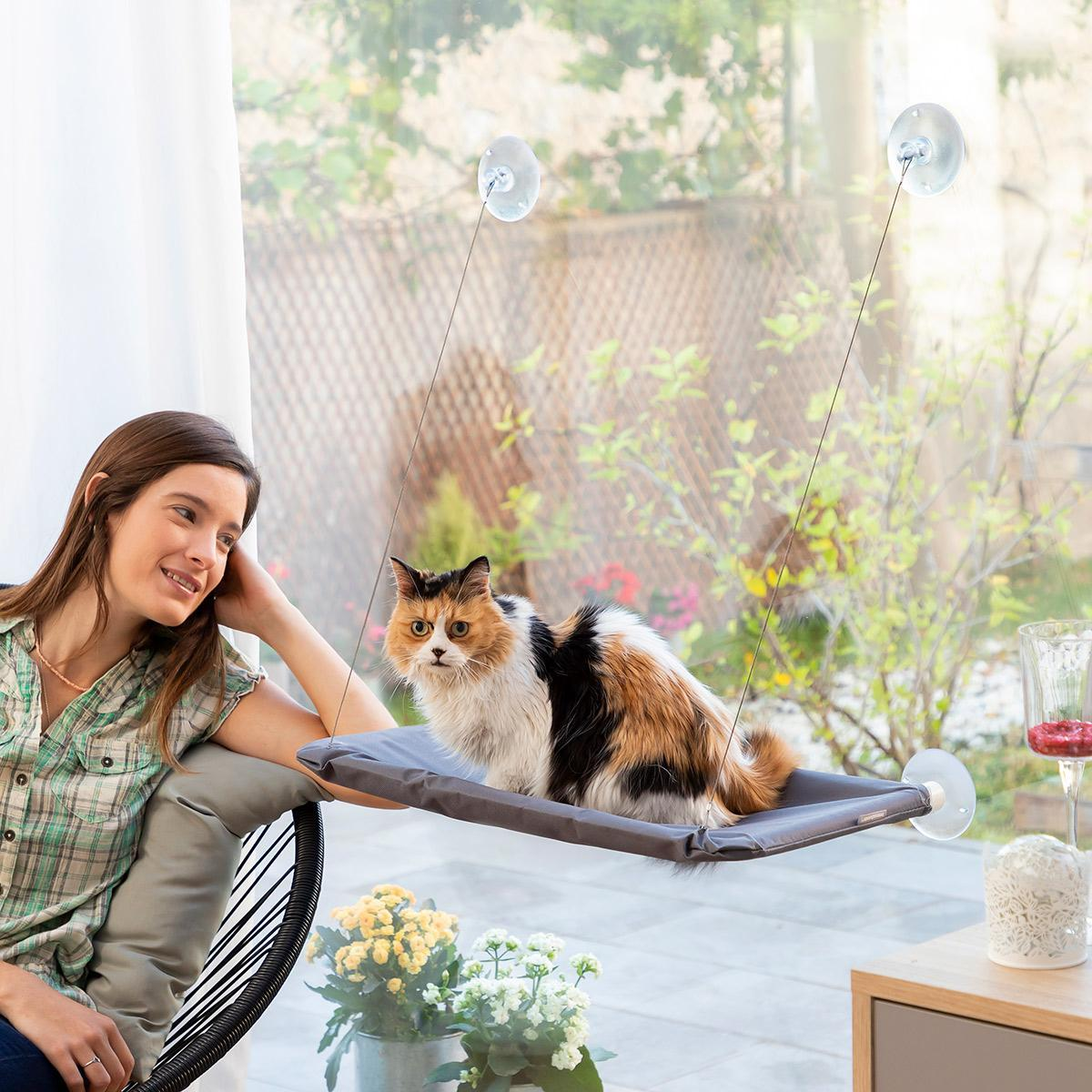Una mujer y un gato calicó están cerca de una ventana. El gato está en una cama colgante. El fondo muestra un jardín.