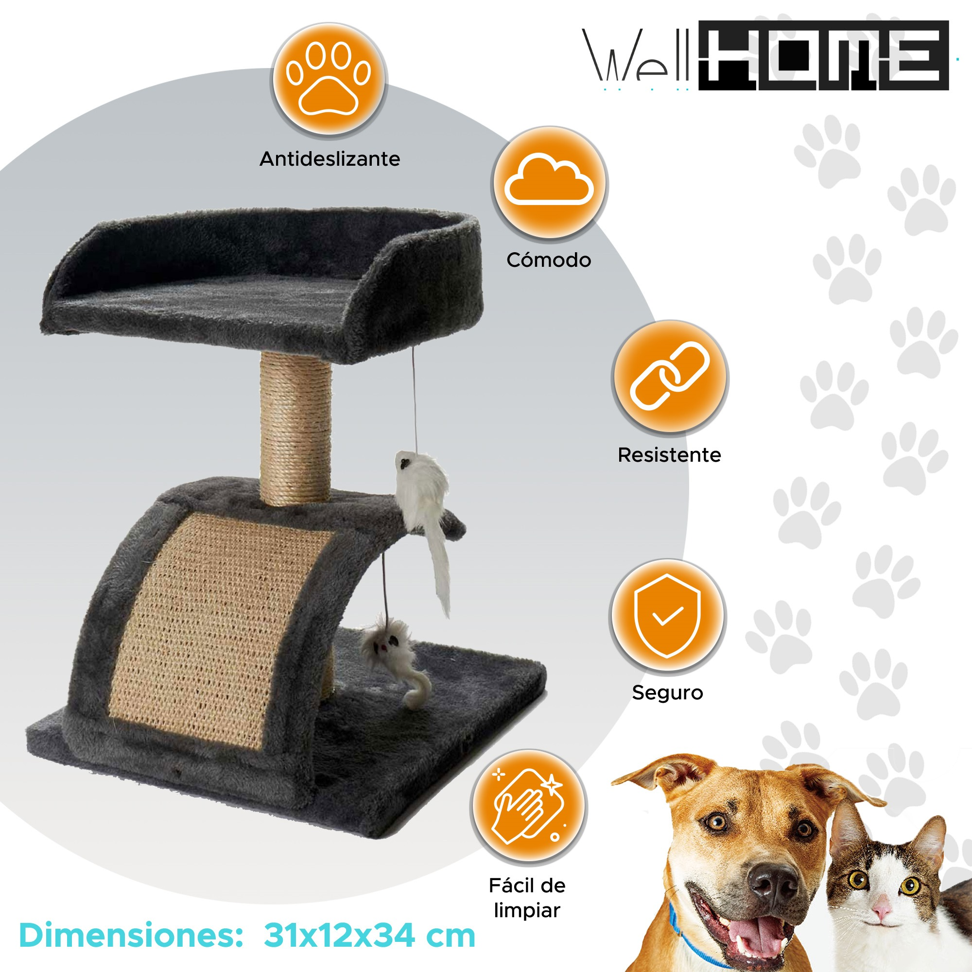 Árbol para gatos con características: antideslizante, cómodo, duradero, seguro, fácil de limpiar, con fotos de mascotas.