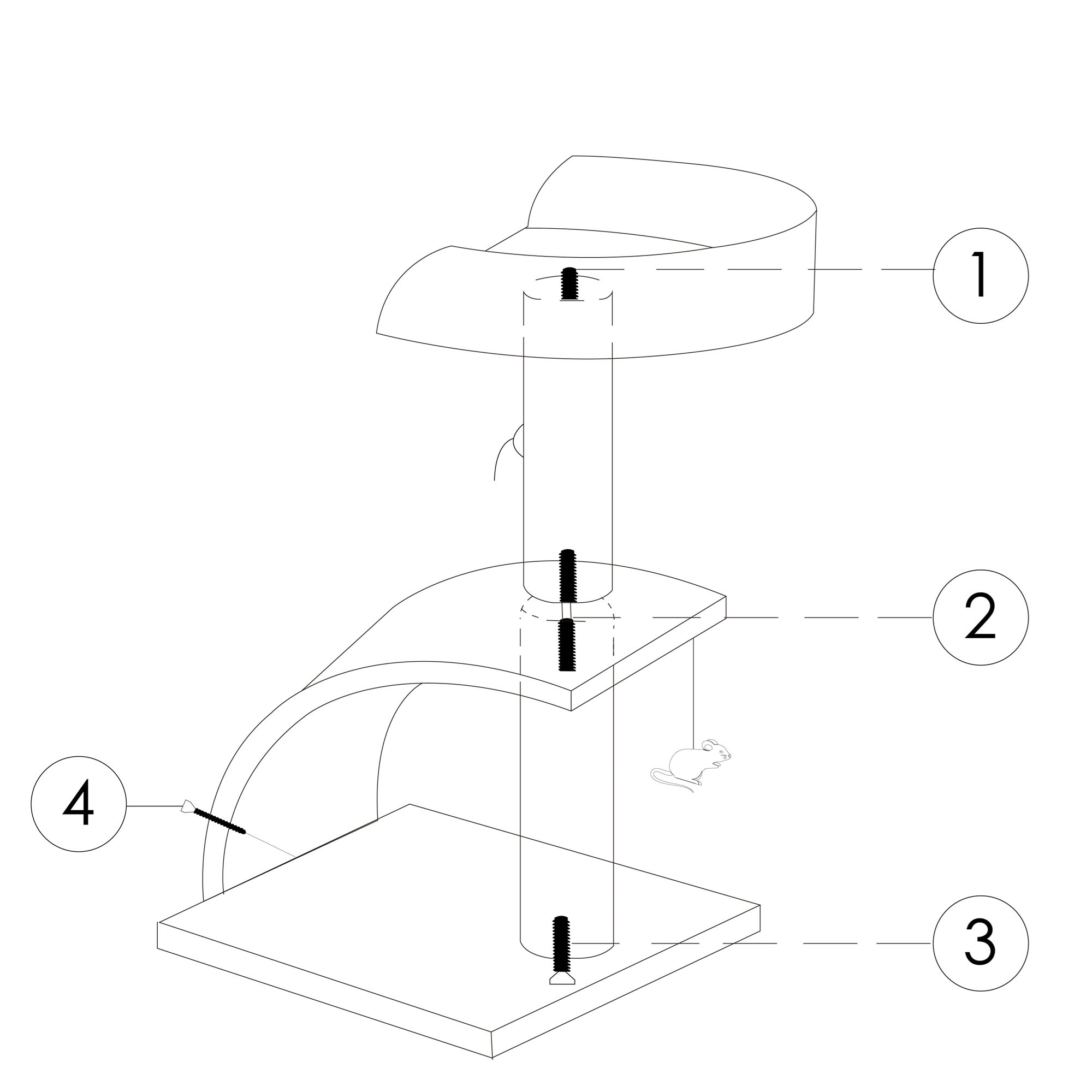 Diagrama de un árbol para gatos, mostrando las piezas de montaje con etiquetas. Las piezas están numeradas del 1 al 4.