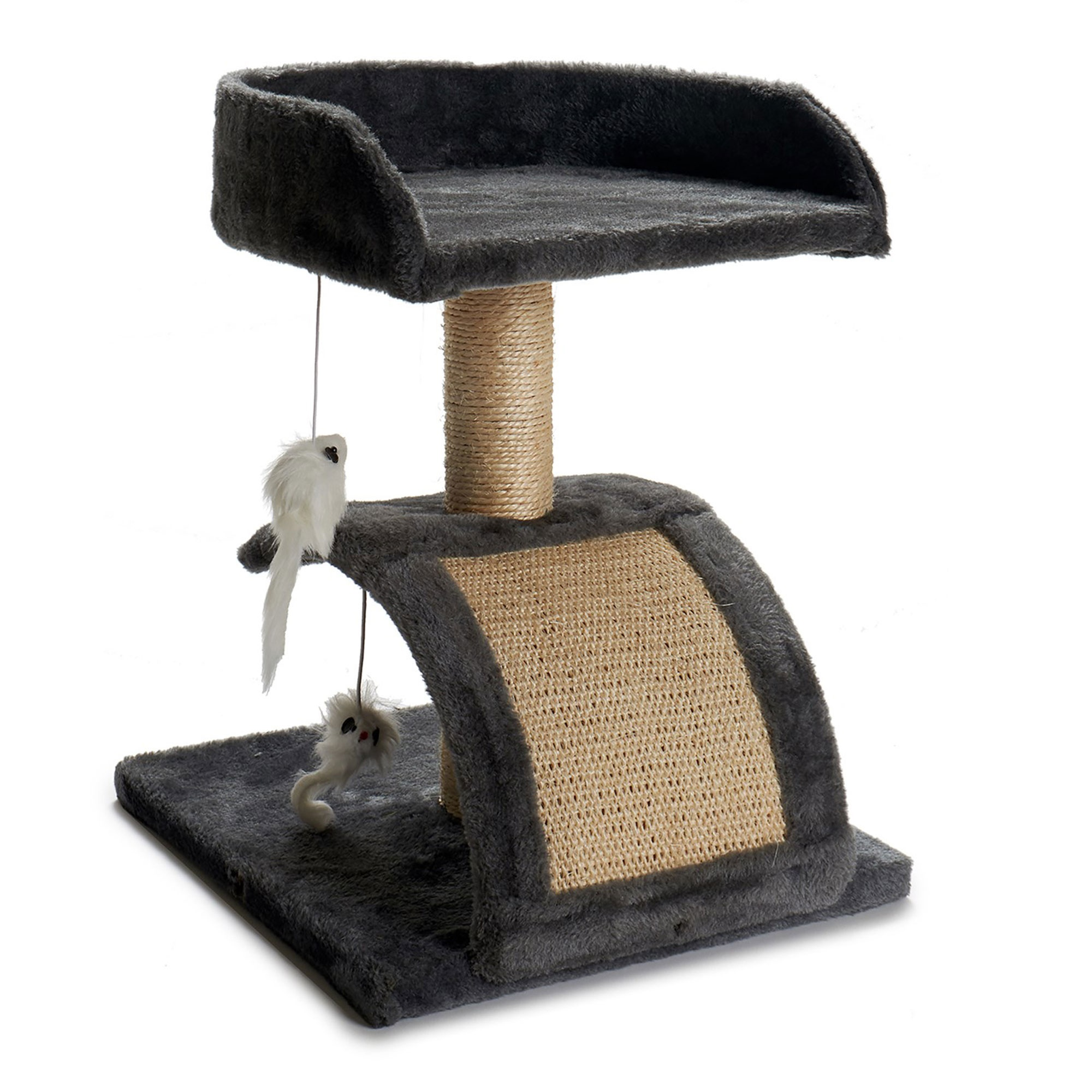 Árbol para gatos en gris y beige, con dos ratones de juguete colgantes. Tiene una plataforma arriba y un rascador.