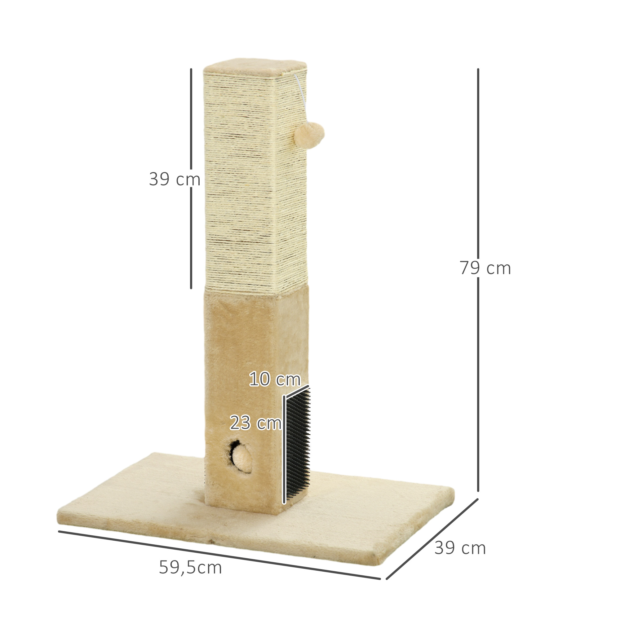 Rascador para gatos con dimensiones. Tiene partes beige y marrón. 39cm x 79cm x 59.5cm.