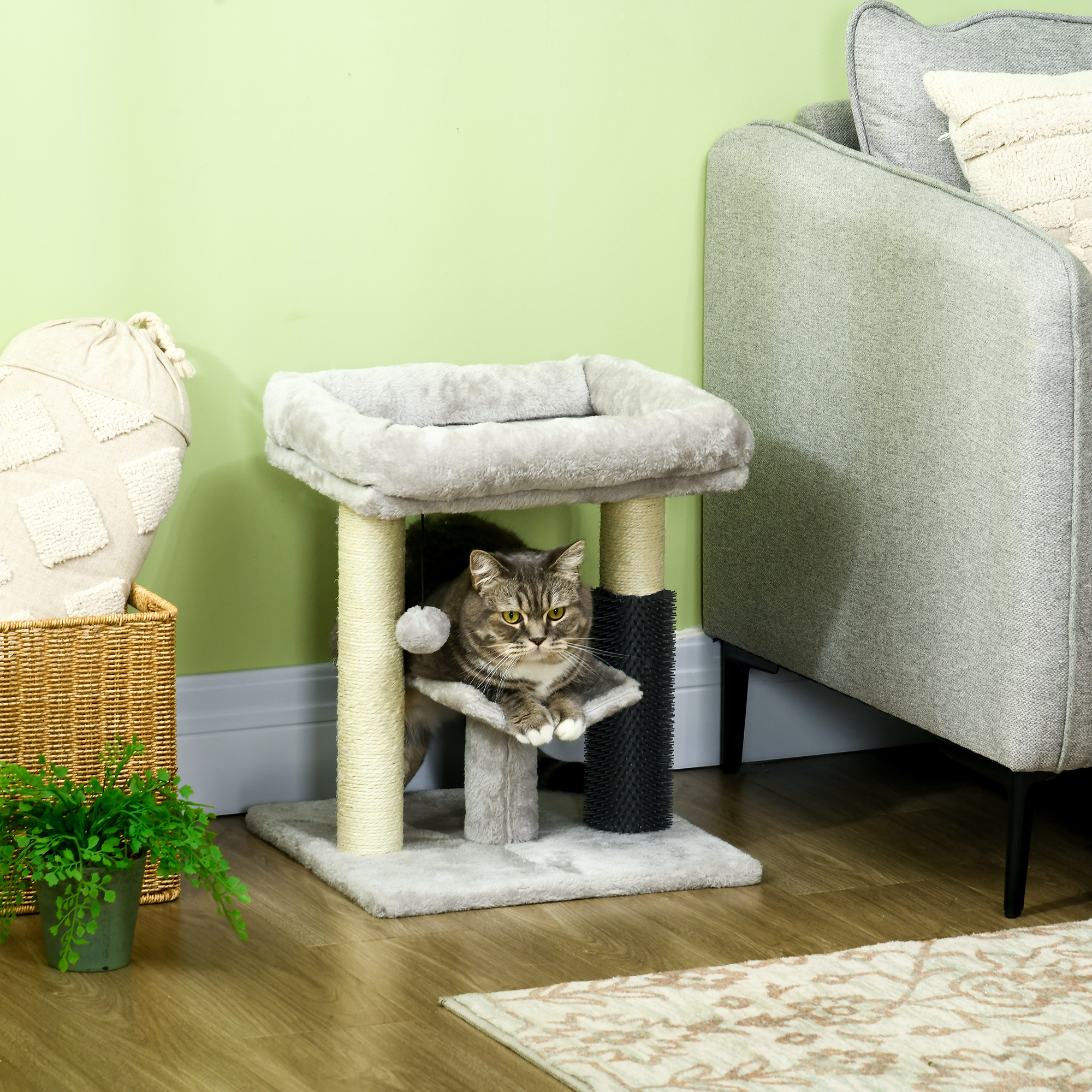 Gato gris en un árbol para gatos gris, con plataforma y poste de sisal, cerca de un sofá y una alfombra.