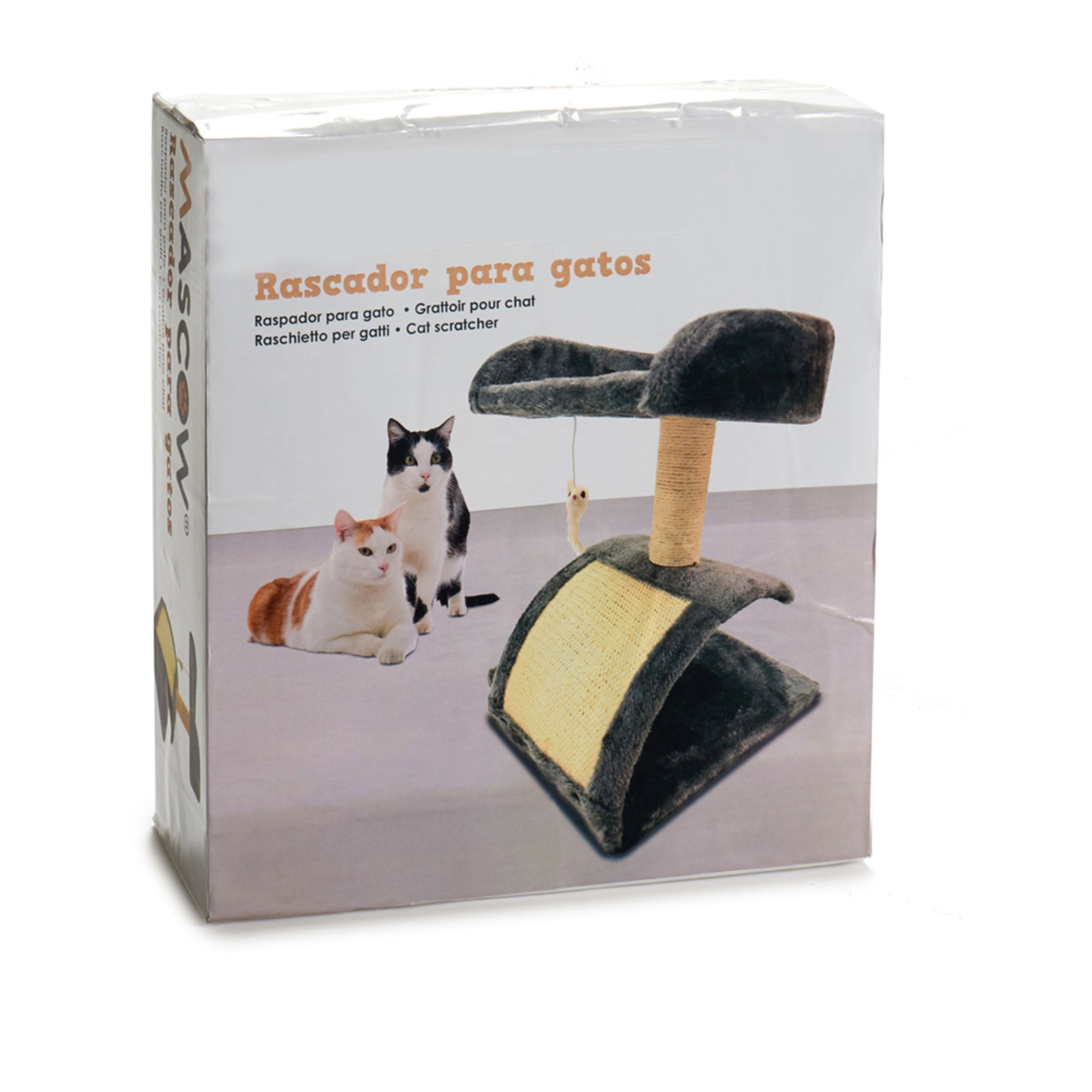 Caja de rascador para gatos con imágenes de gatos y el rascador. Texto en español.