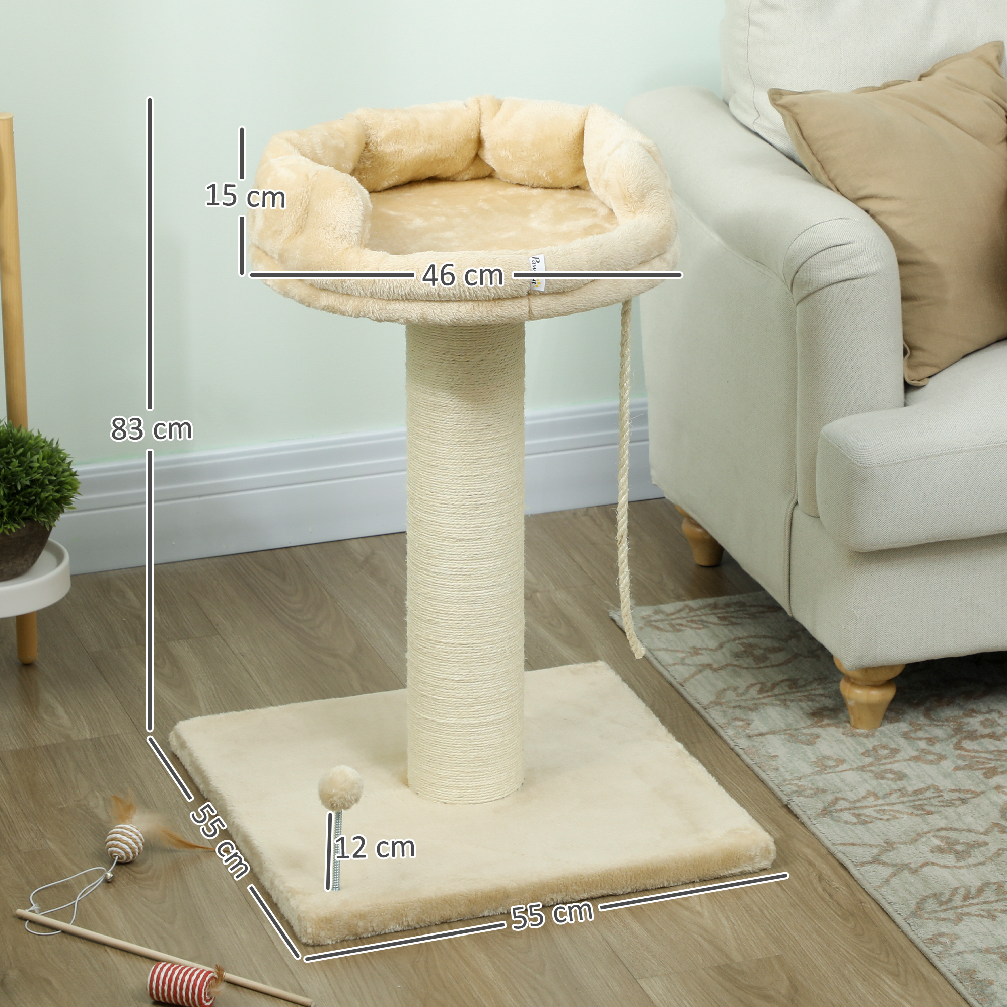 Dimensiones del árbol para gatos: 83cm altura, 55cm base, 46cm arriba, 15cm cama. Incluye juguete. Beige. Medido en cm.