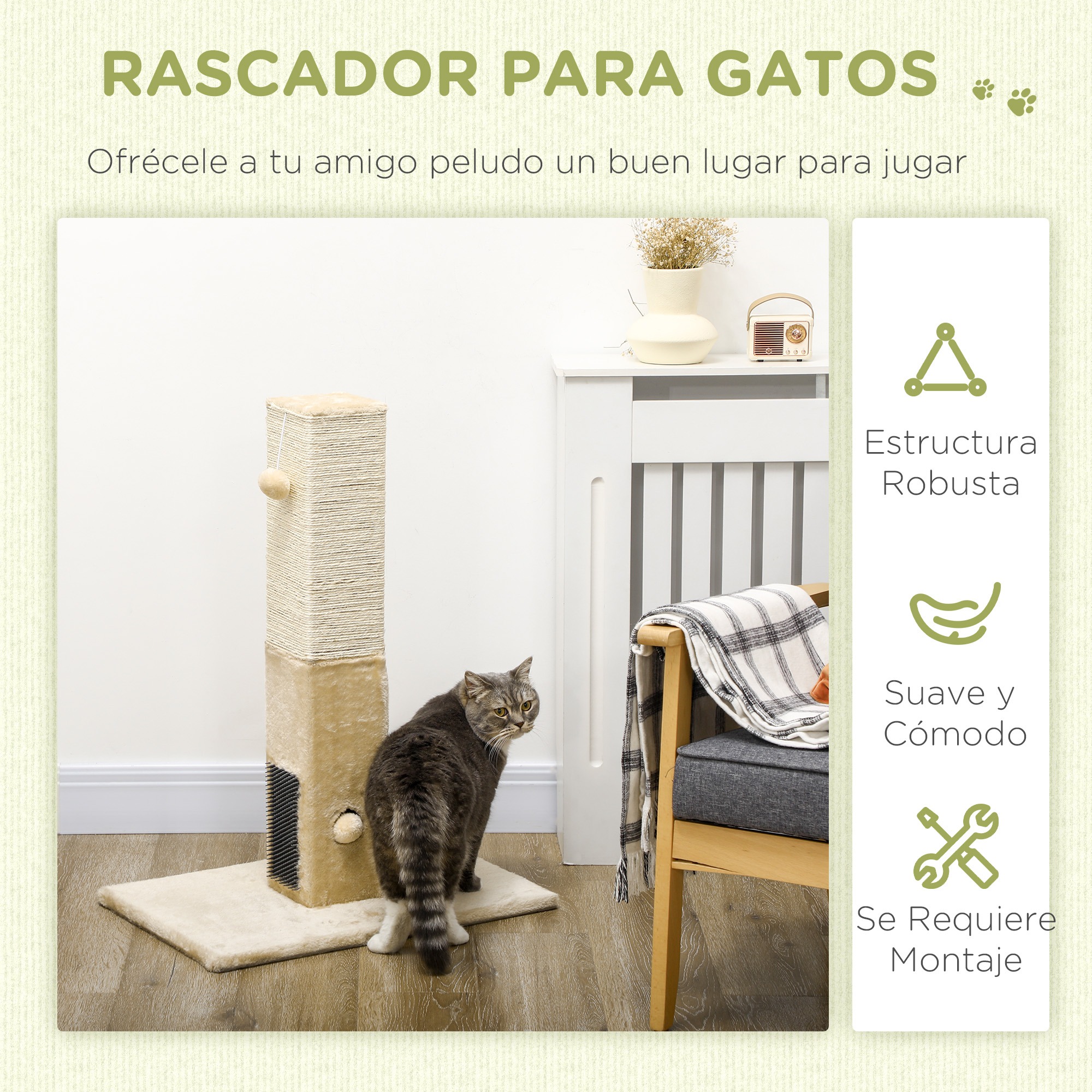 Un gato está de pie cerca de un rascador para gatos. Hay iconos y texto sobre el producto.