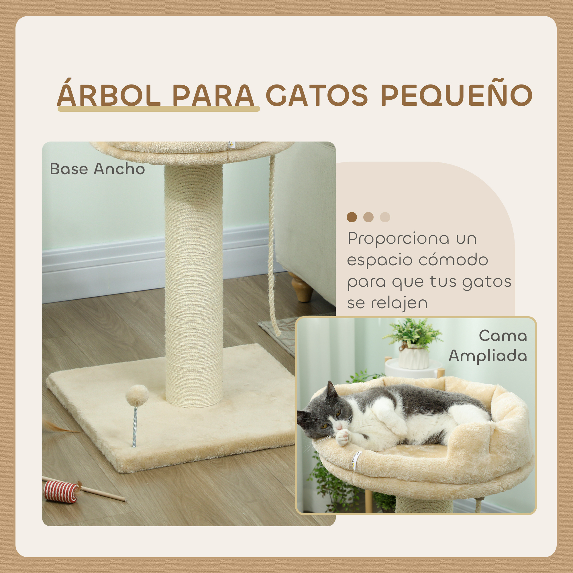 Árbol pequeño para gatos con cama, un juguete colgante y un poste de sisal. El gato descansa en la cama.