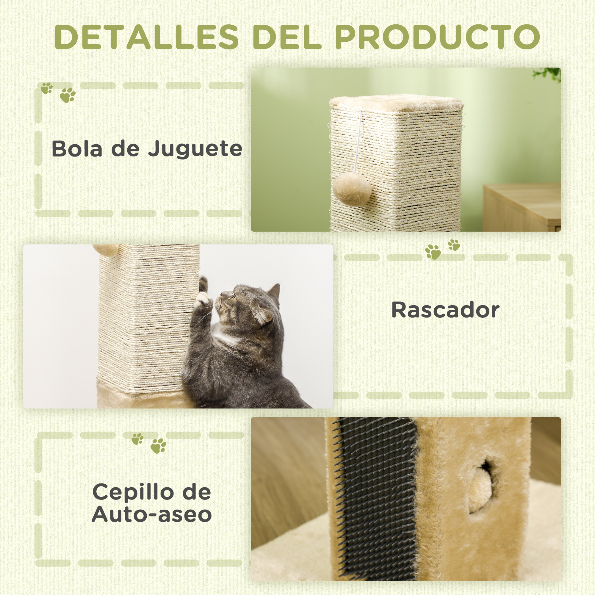 Detalles del producto: bola de juguete, rascador y cepillo de aseo con gato. Imágenes destacadas.