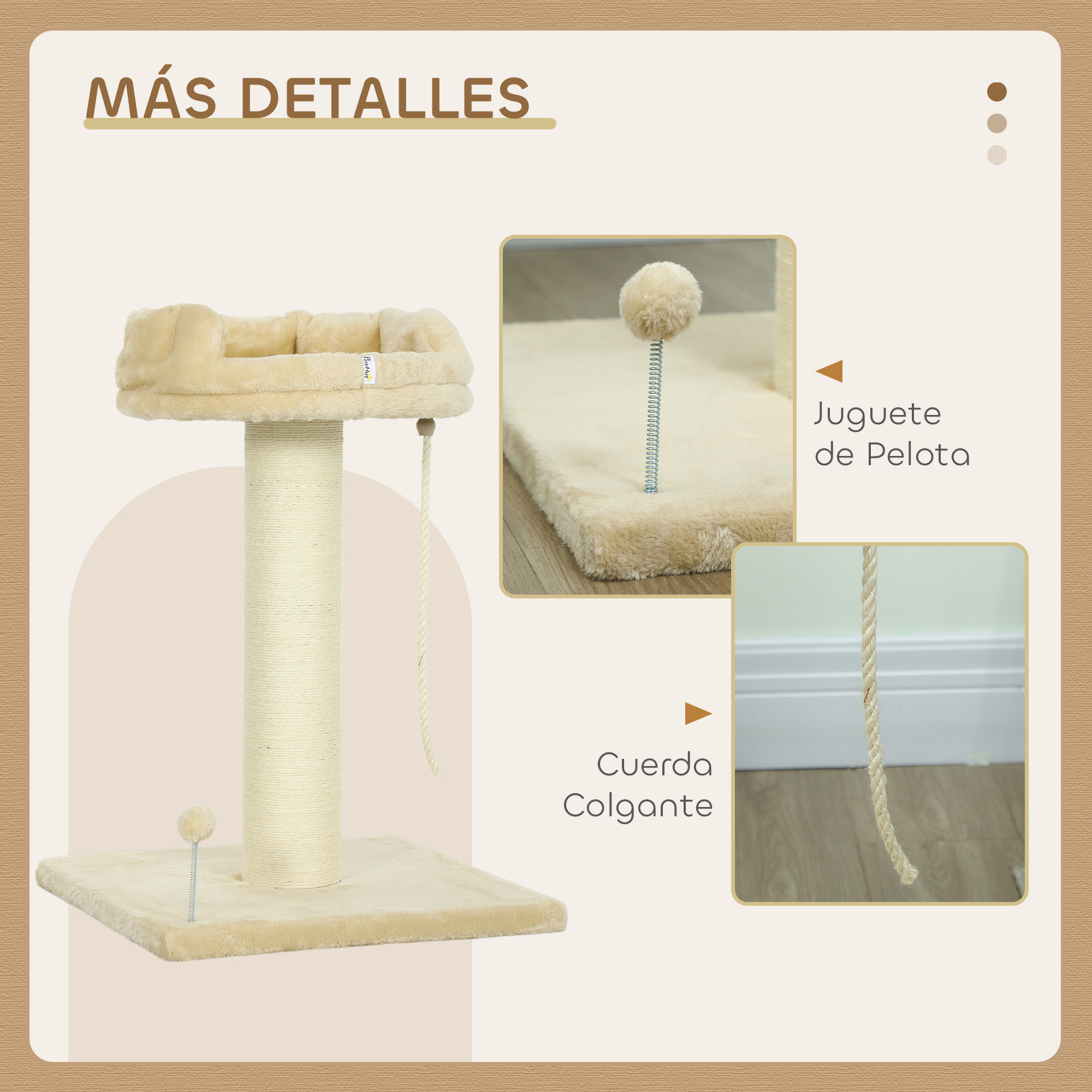 Rascador para gatos con juguetes y cuerda colgante. Se destacan detalles del juguete, cuerda y base.