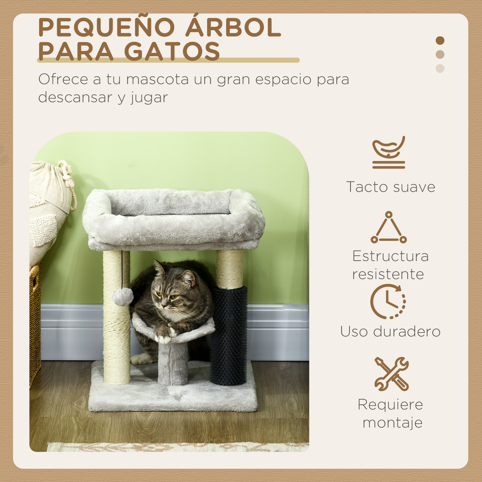 Árbol para gatos con gato descansando. Tacto suave, estructura robusta, uso duradero e iconos de montaje.