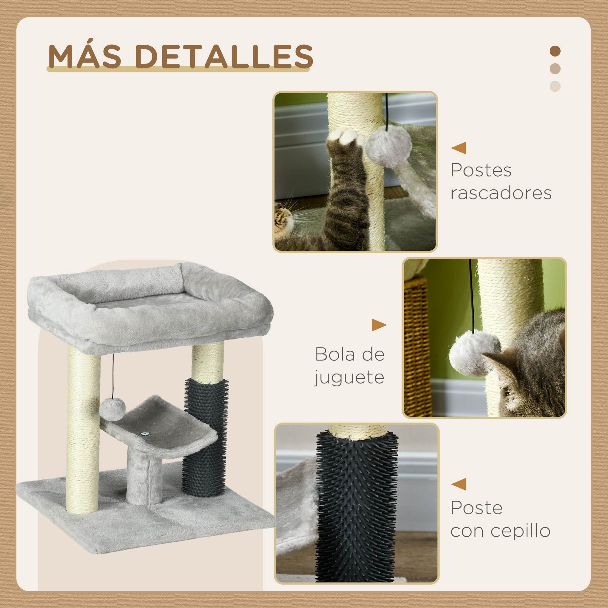 Diagrama con imágenes que muestran detalles de un rascador para gatos. Incluye postes rascadores y una bola de juguete.