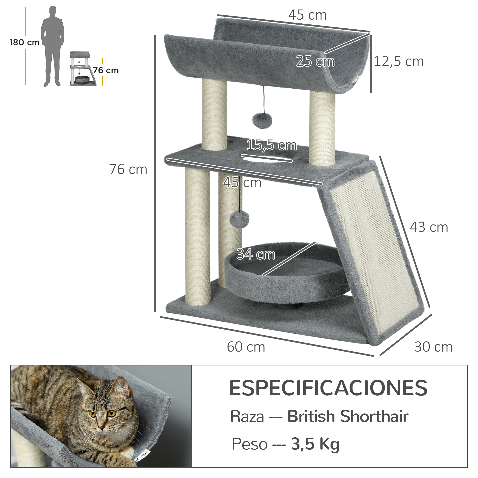 Árbol para gatos con dimensiones y un gato. Es gris, con cama y rascador.