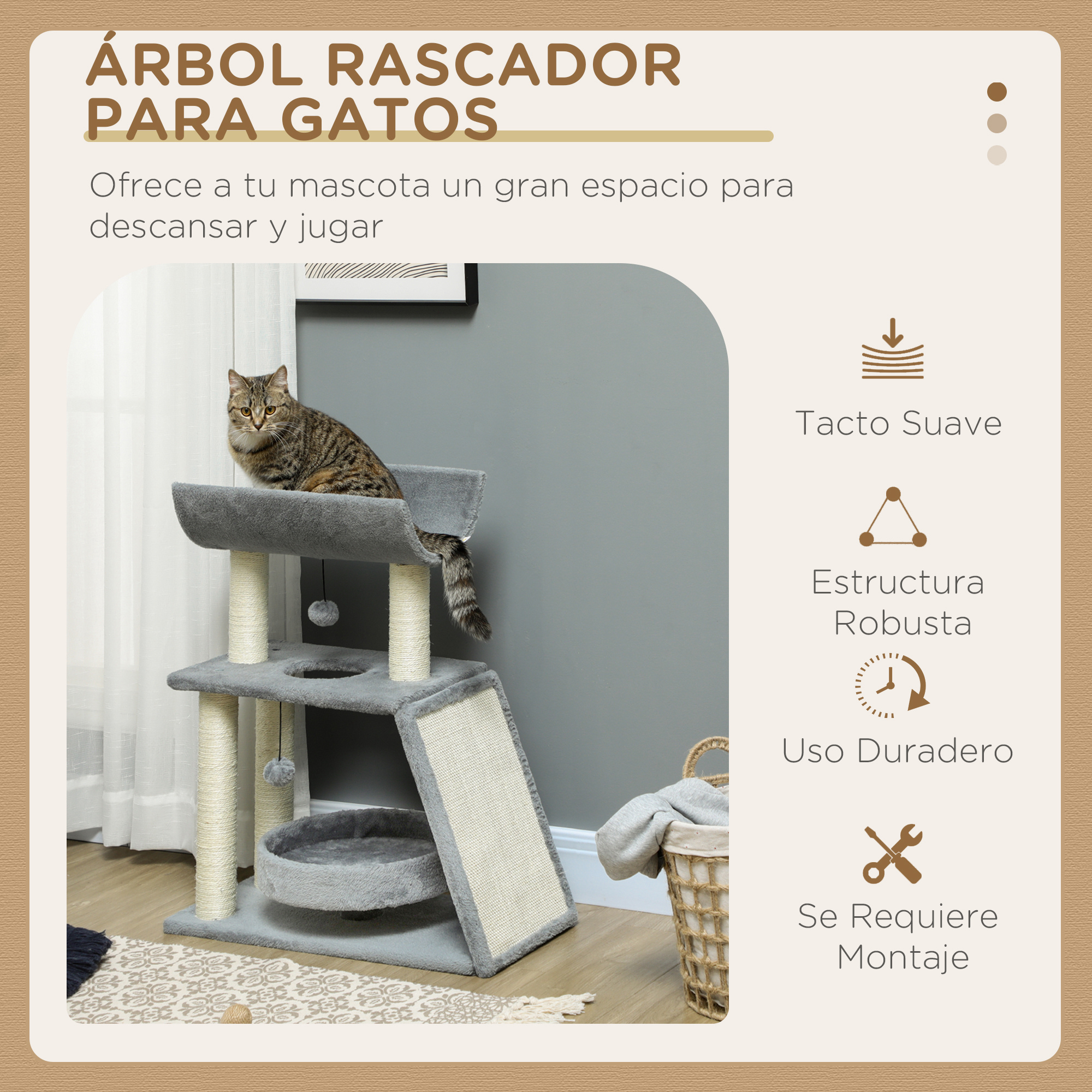 Árbol para gatos con un gato encima. El texto de la imagen dice 'Árbol rascador para gatos'.