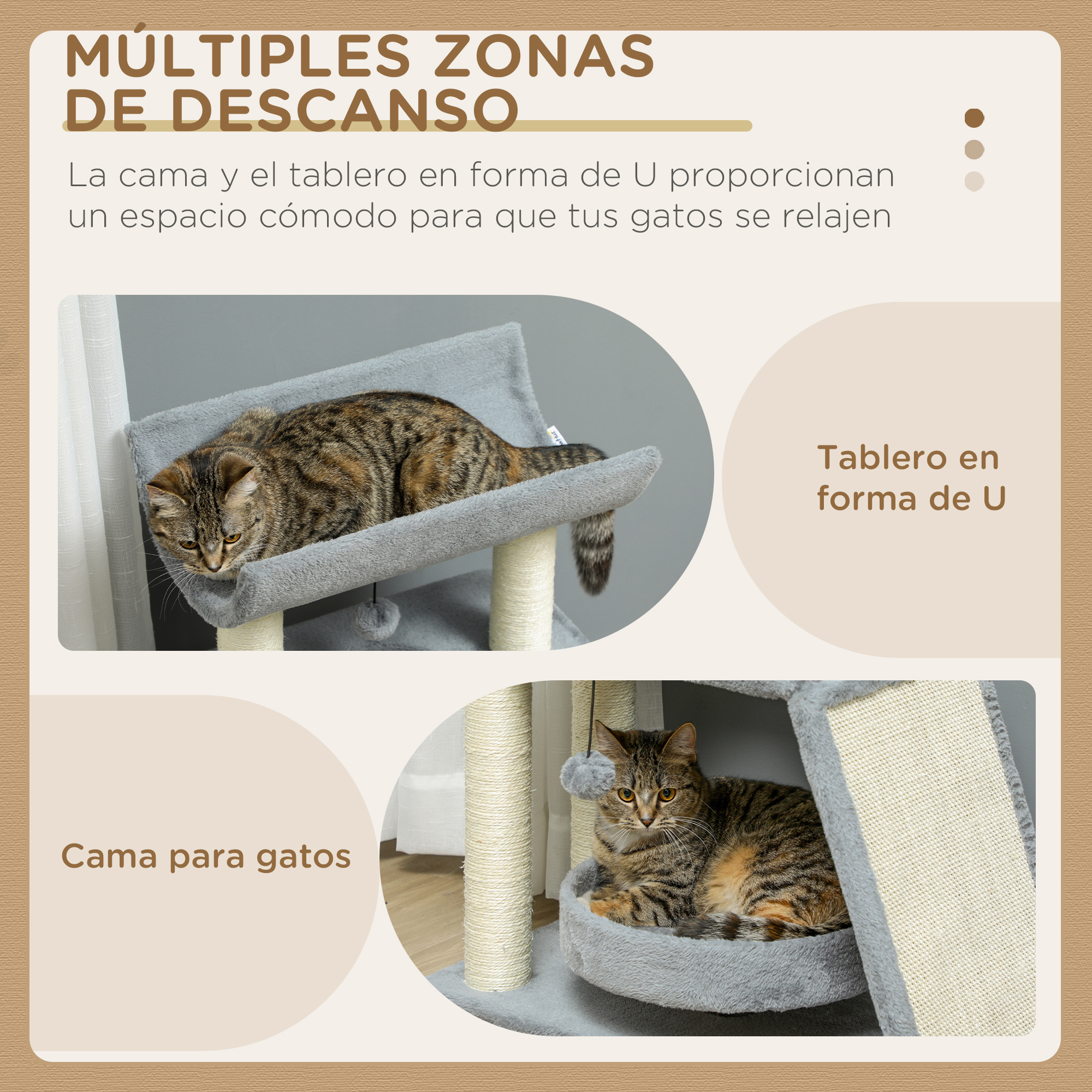 Un gato en un árbol para gatos, con dos camas y postes rascadores. El texto dice 'Múltiples zonas de descanso'.
