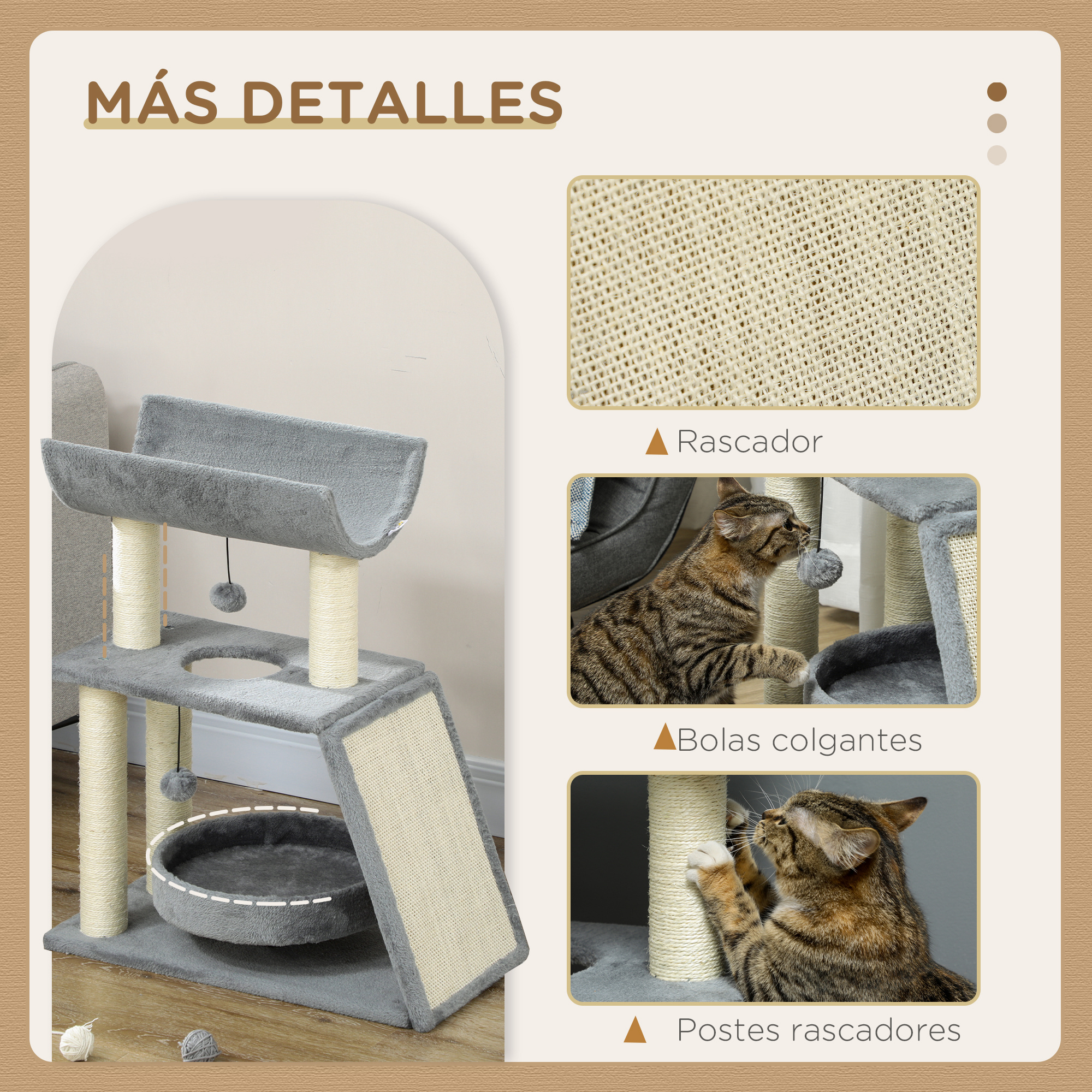 Un árbol para gatos con un gato. Los detalles incluyen postes rascadores, bolas colgantes y tableros rascadores.