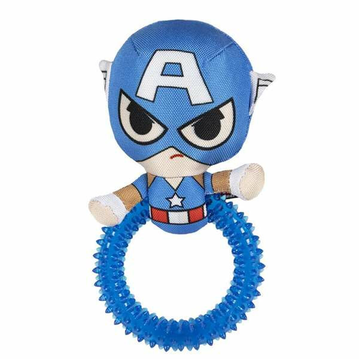 Giocattolo per cani di Captain America con un anello blu. Il giocattolo ha una testa blu e una stella rossa e bianca.