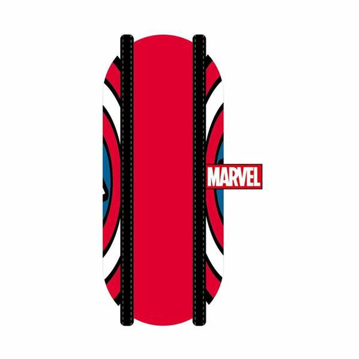 Giocattolo per cani con scudo di Capitan America. Design dello scudo rosso e bianco. Il logo Marvel è visibile.