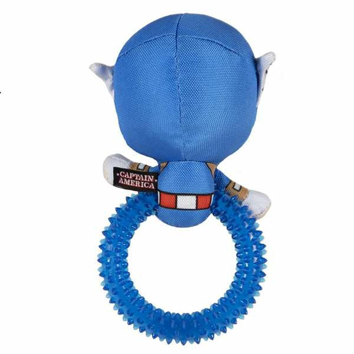 Un giocattolo per cani di Captain America. Il giocattolo ha una testa blu, un anello blu e le parole "CAPTAIN AMERICA".