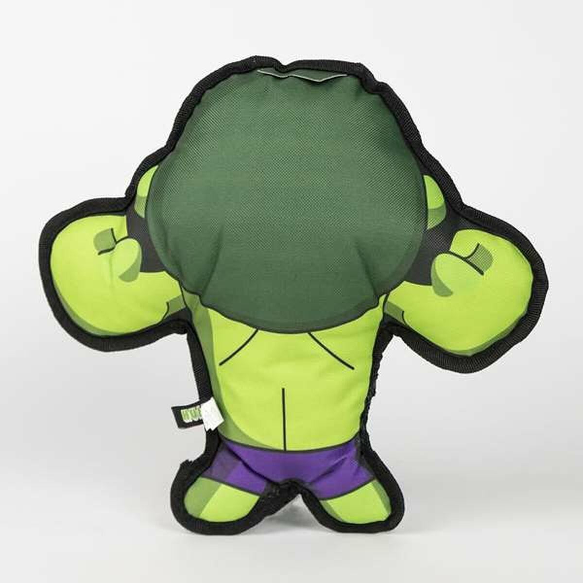 Giocattolo per cani Hulk. Testa e corpo verdi. Pantaloncini viola. Braccia tese.