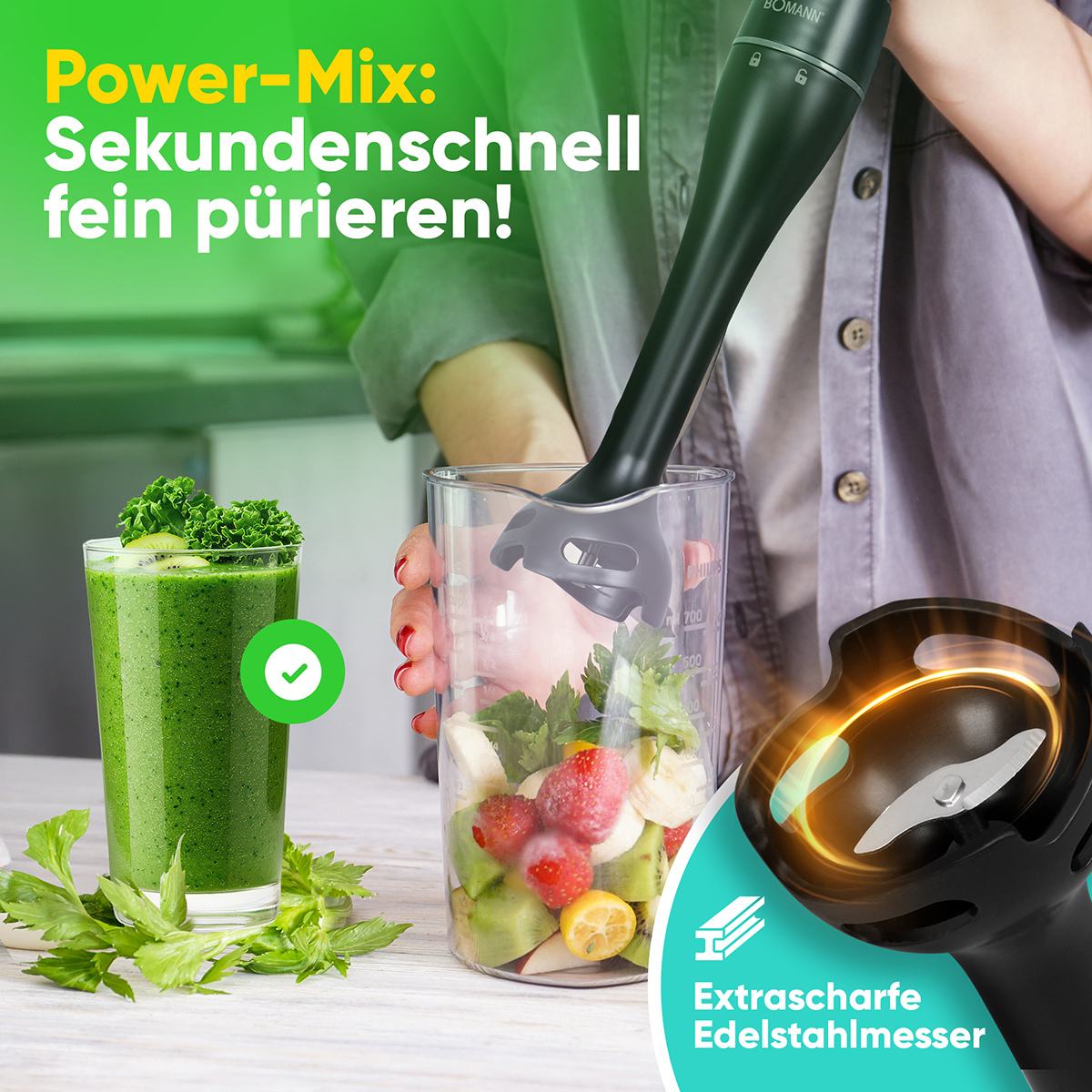 Blender w użyciu z owocami i warzywami. Zielony koktajl w szklance. Tekst: "Power-Mix: Puree w kilka sekund!"