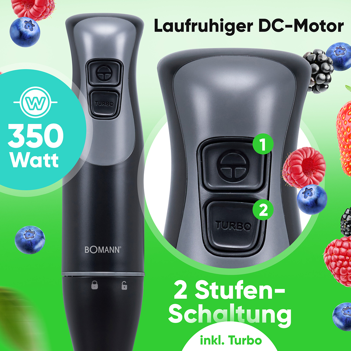 Blender ręczny z przyciskami. Tekst: "Laufruhiger DC-Motor" i "2 Stufen-Schaltung". Czarny blender z owocami.