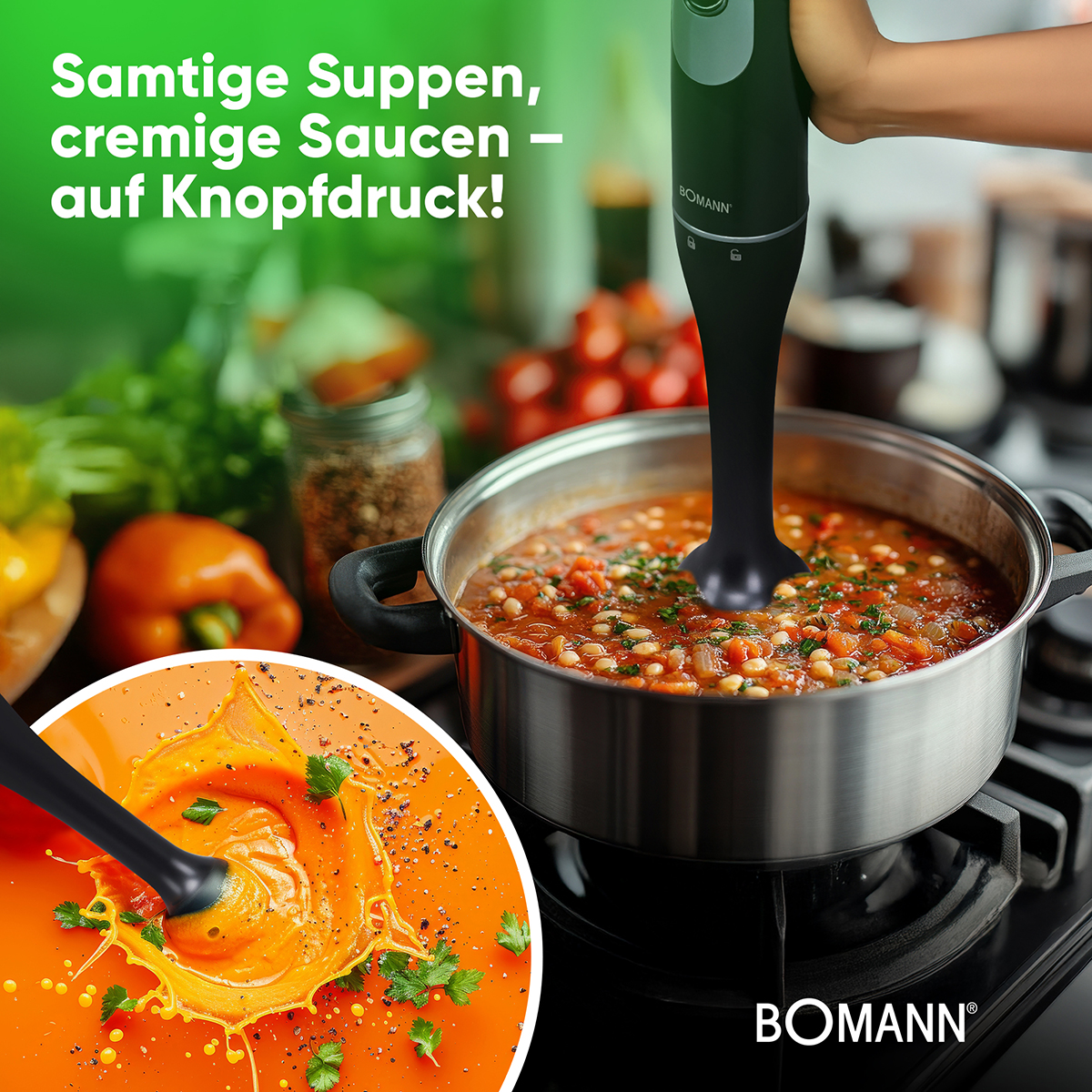 Blender ręczny miksujący zupę. Tekst: "Samtige Suppen, cremige Saucen - auf Knopfdruck!". Widoczny jest rozprysk.