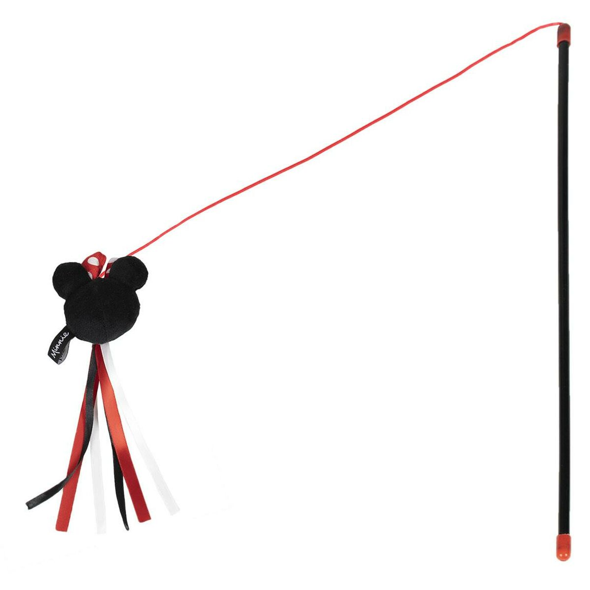 Un giocattolo per gatti con una testa di Minnie Mouse nera, spago rosso e asta nera.