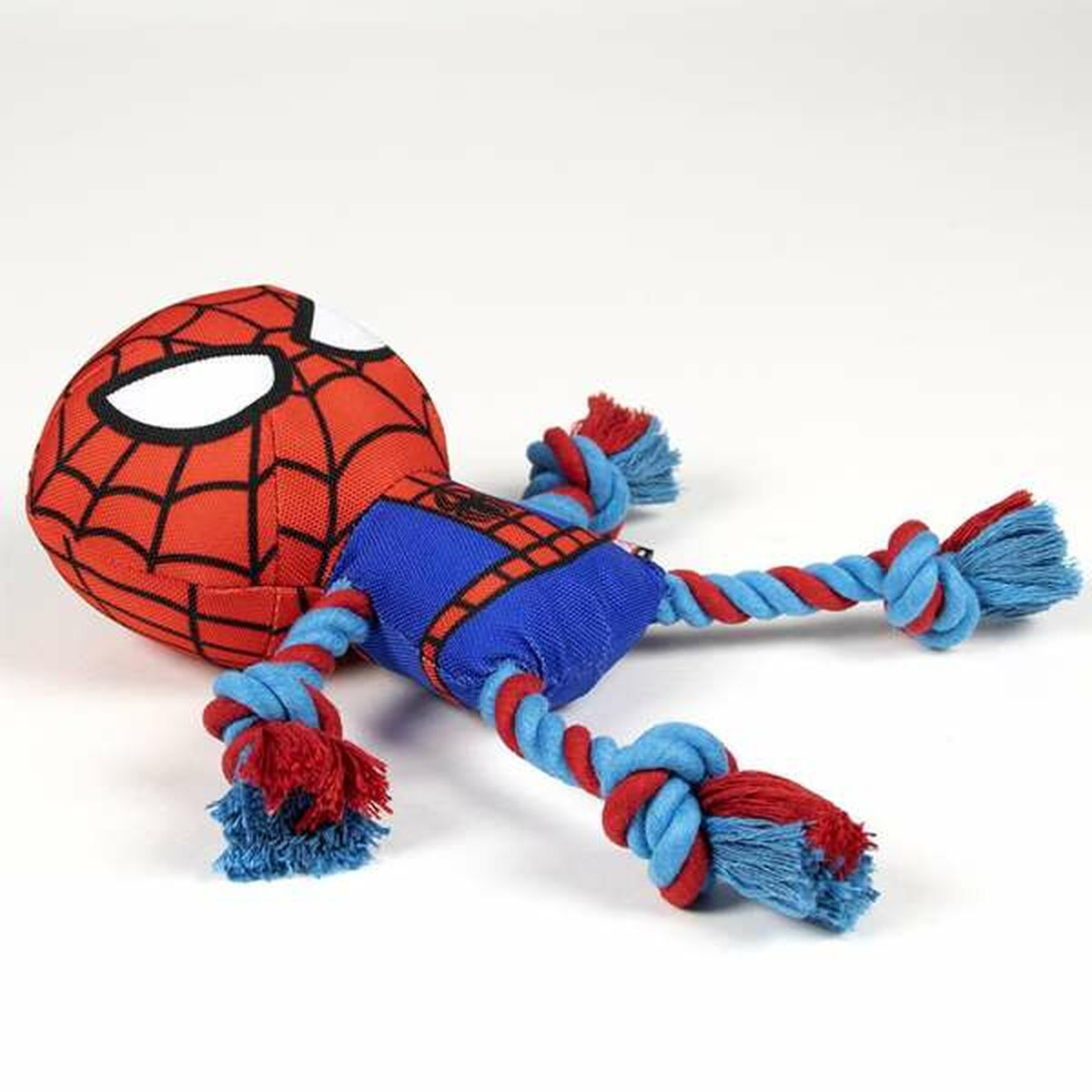 Un giocattolo per cani di Spiderman con gambe di corda rosse e blu e una testa rossa e nera.