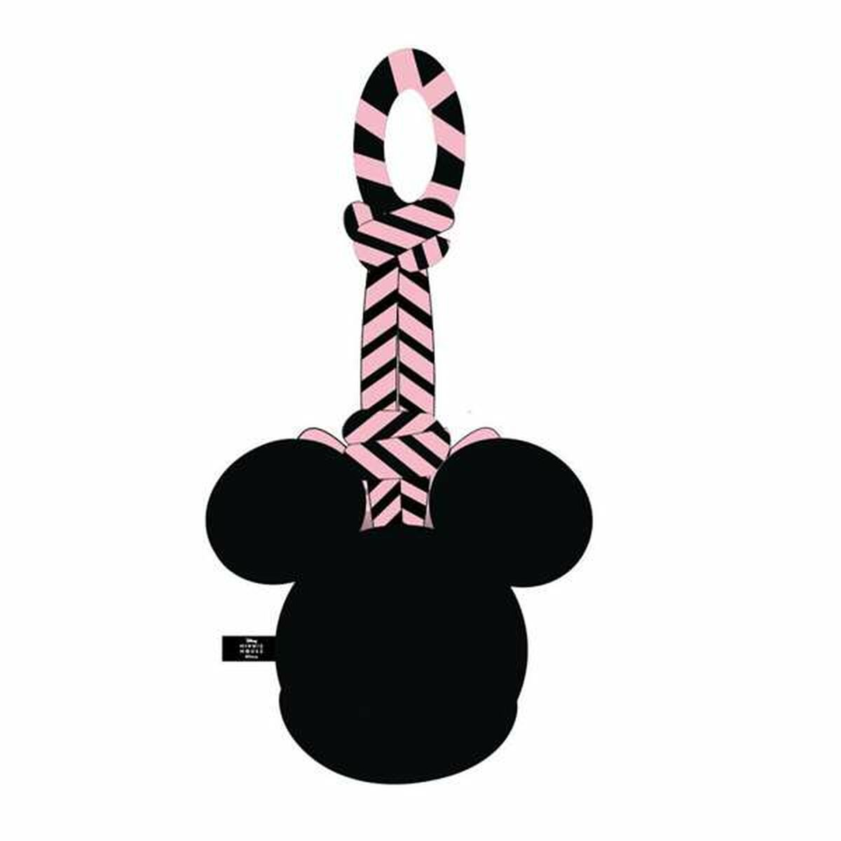 Schwarzes Minnie-Maus-Spielzeug mit rosa Akzenten und einer Schleife. Weißer Hintergrund.