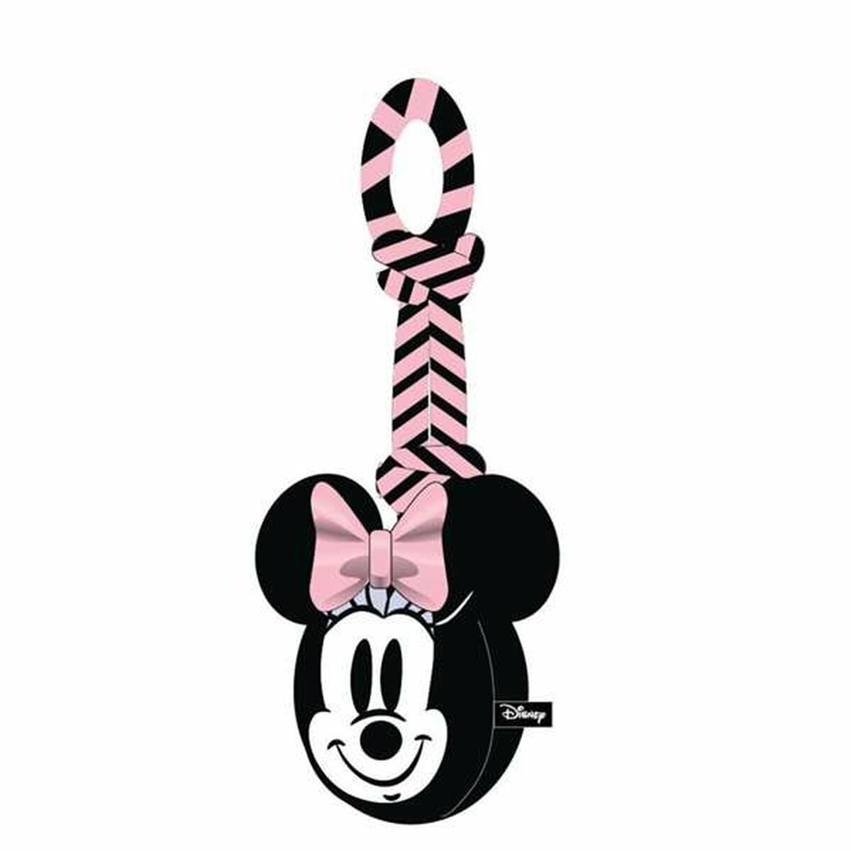 Ein Minnie-Maus-Hundespielzeug. Schwarzer Kopf mit Schleife, rosa Schleife und ein gestreifter rosa-schwarzer Griff.