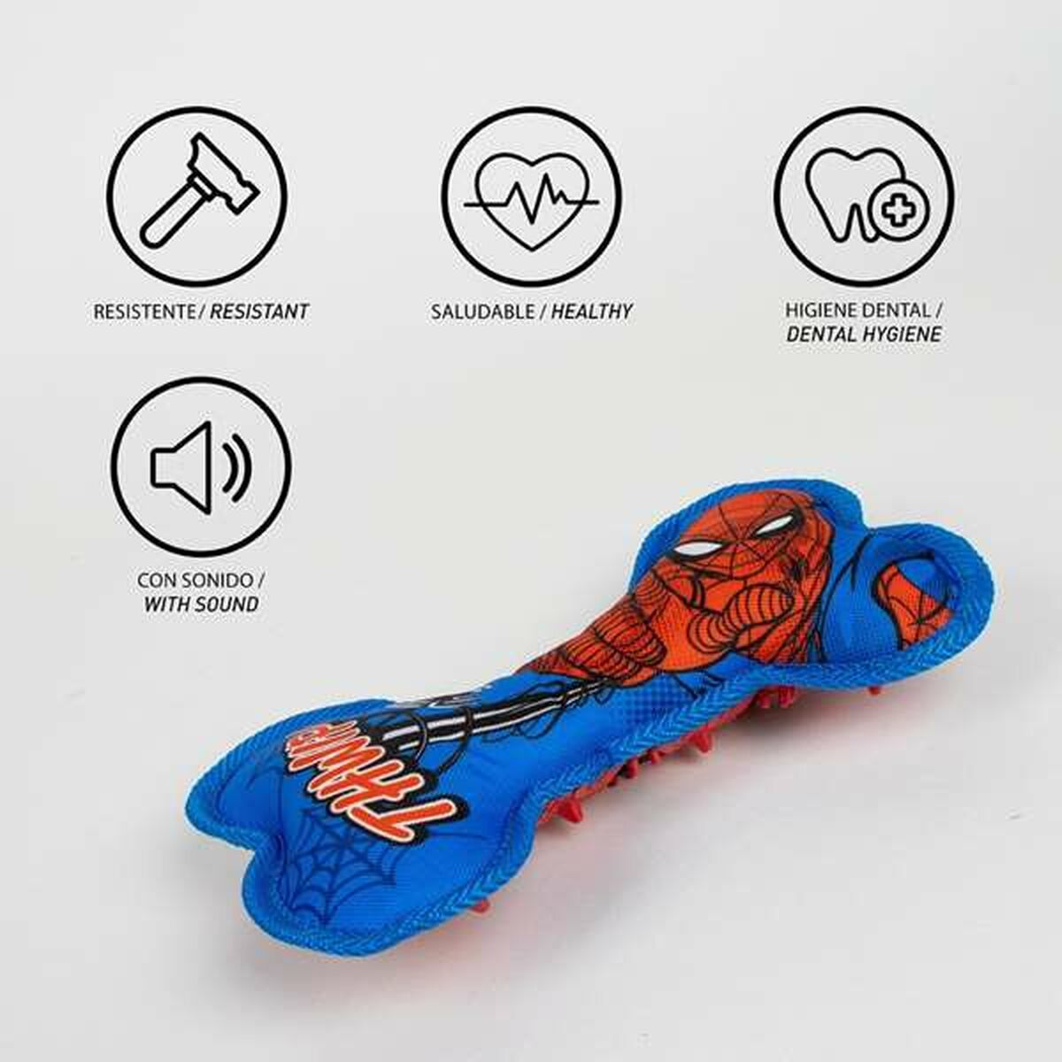 Blaues Spider-Man-Hundespielzeug mit rotem Netzdesign. Vier Symbole: widerstandsfähig, gesund, Zahnhygiene und mit Ton.