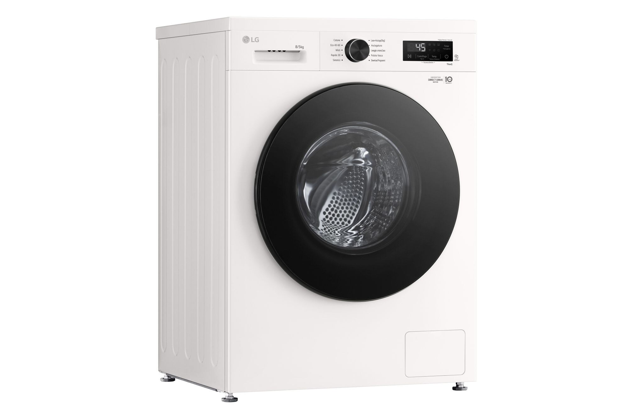 Weiße LG Waschmaschine mit schwarzer Tür, Digitalanzeige und Bedienfeld. Schräge Ansicht, auf weißem Hintergrund.