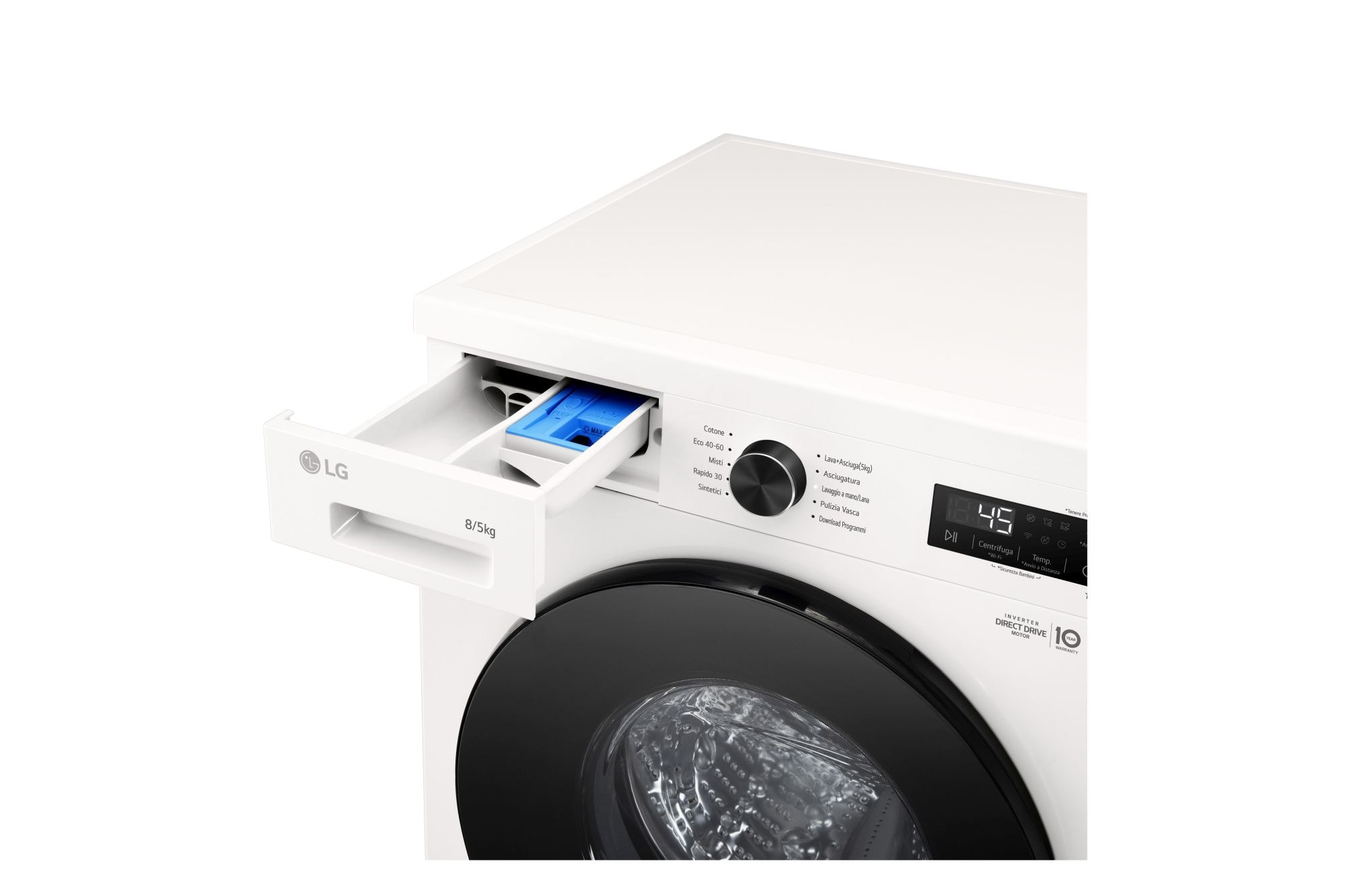 Nahaufnahme einer weißen LG Waschmaschine mit geöffneter Waschmittelschublade, die ein blaues Fach zeigt.