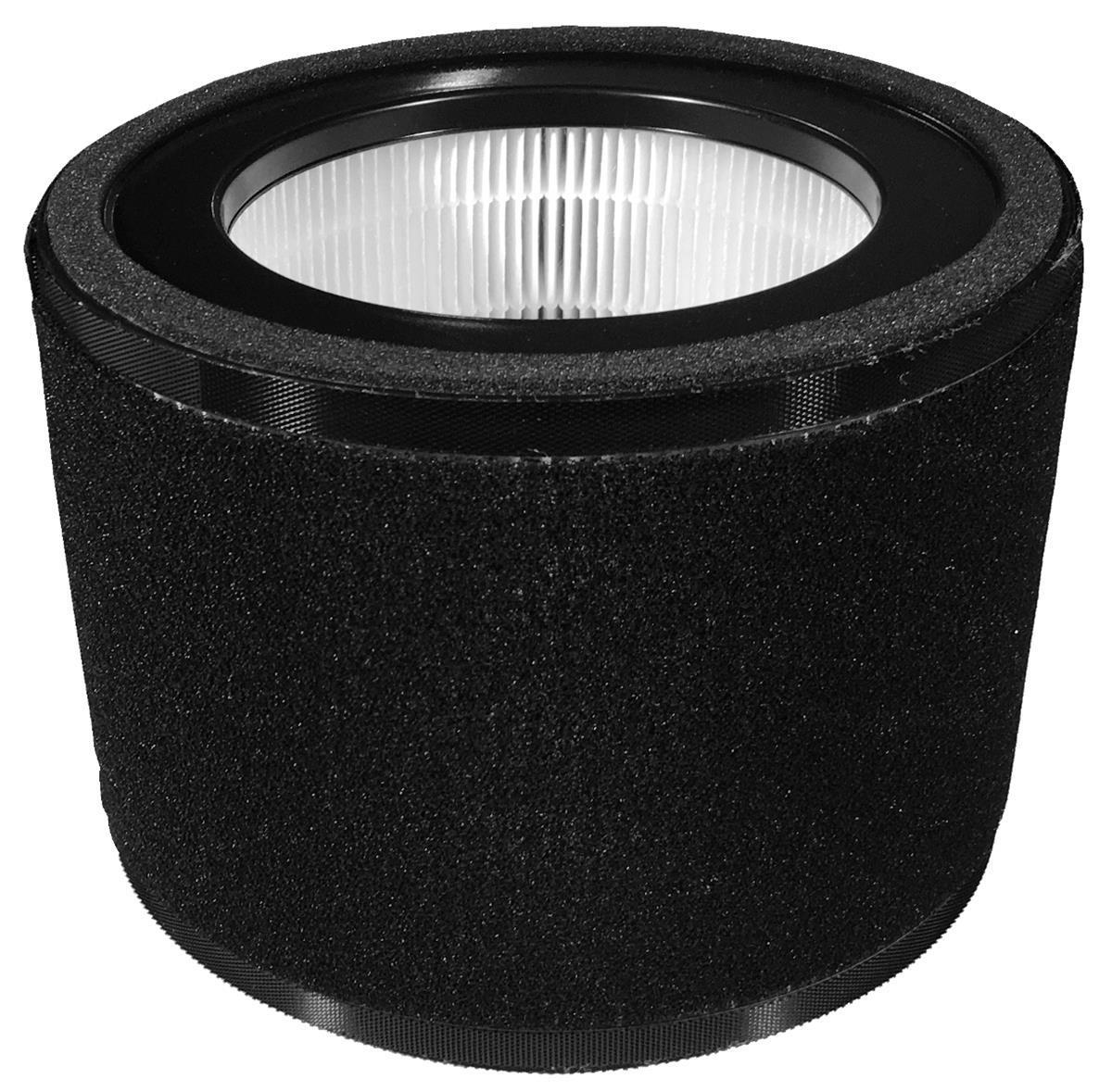 Schwarzer zylindrischer Luftfilter mit einem weißen gefalteten Filter im Inneren, zur Luftfilterung.