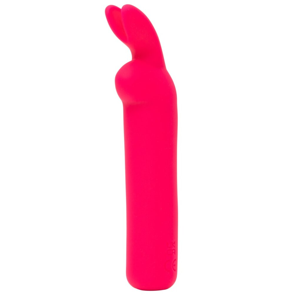 Rosa Vibrator mit gebogener, hasenohrförmiger Spitze, aufrecht stehend.