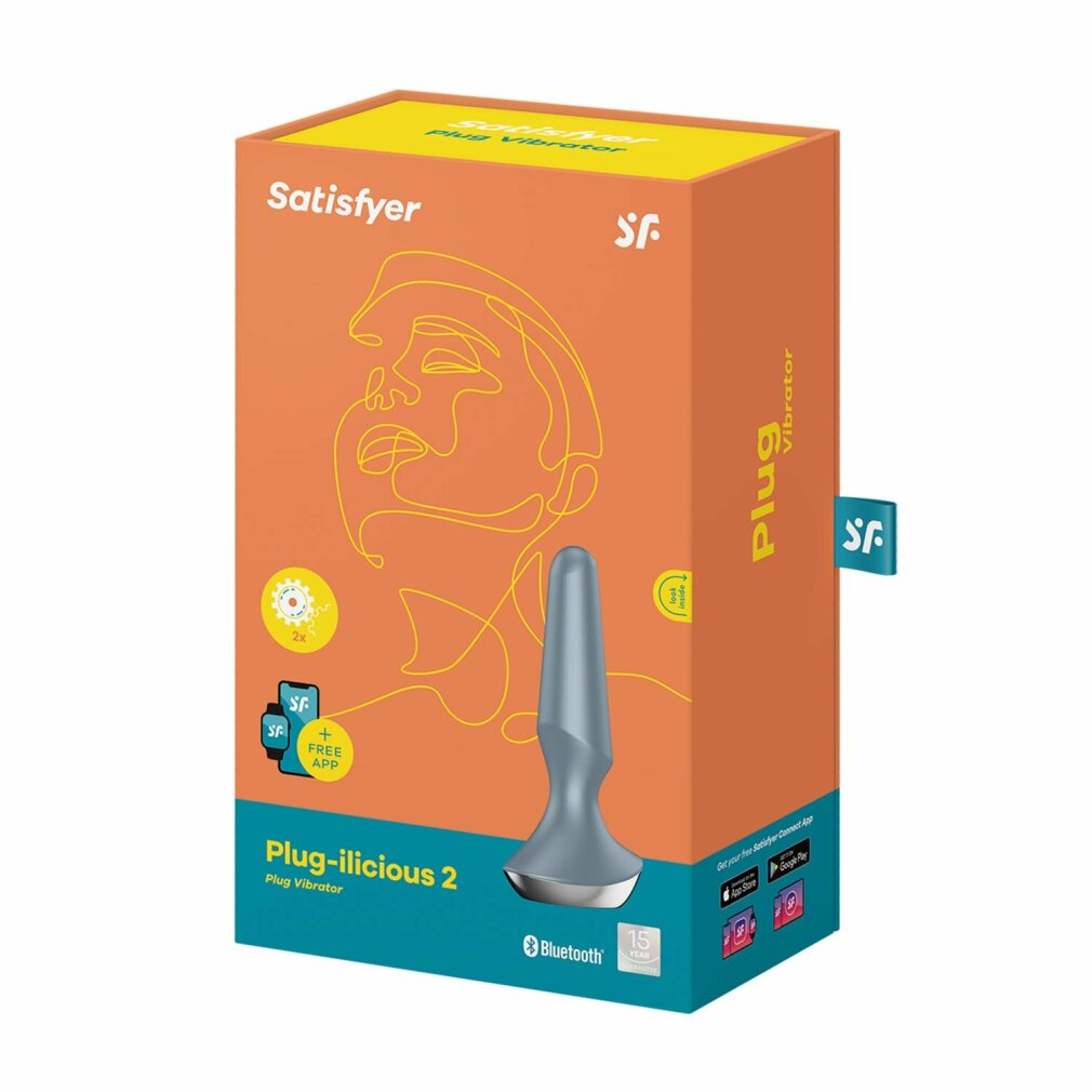 Niebieski wibrator Satisfyer Plug-ilicious 2 w pudełku. Pudełko jest pomarańczowe i żółte.