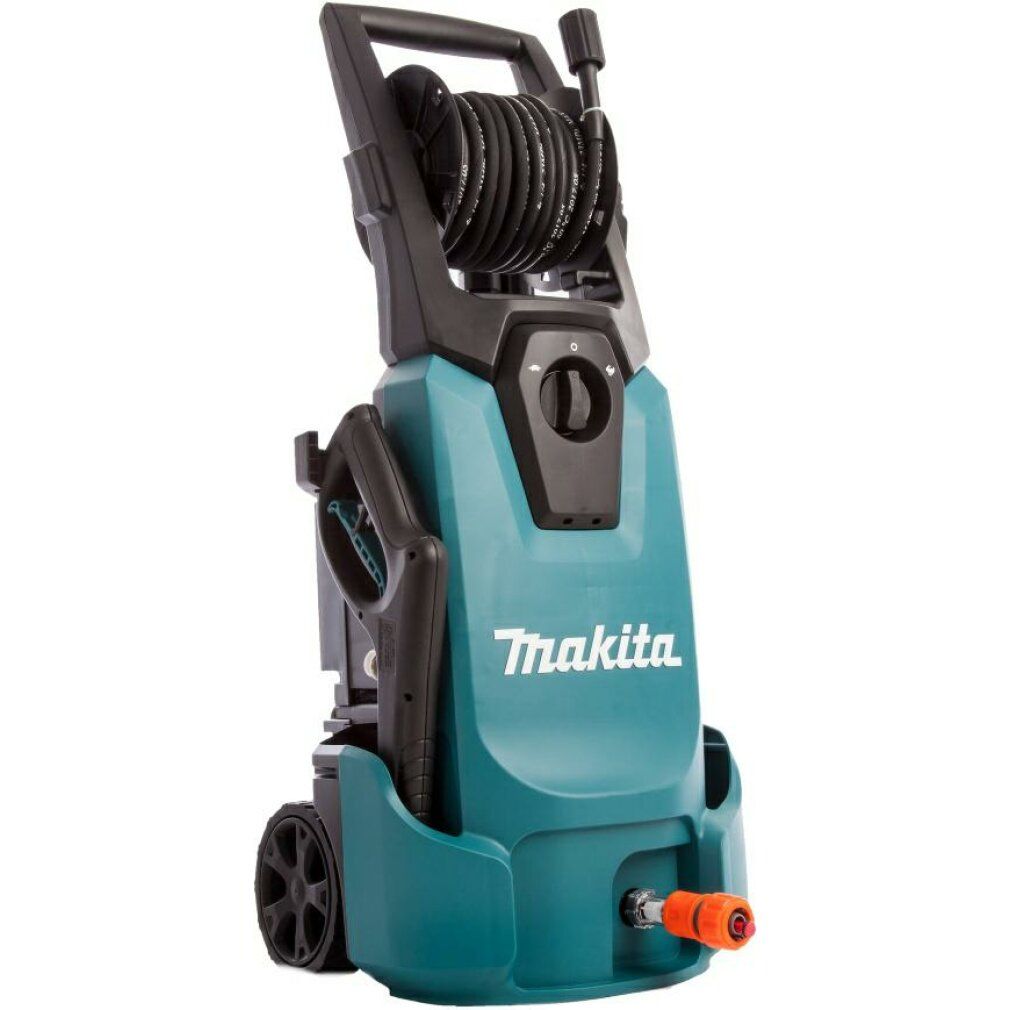 Idropulitrice Makita verde e nera con avvolgitubo, su sfondo bianco.