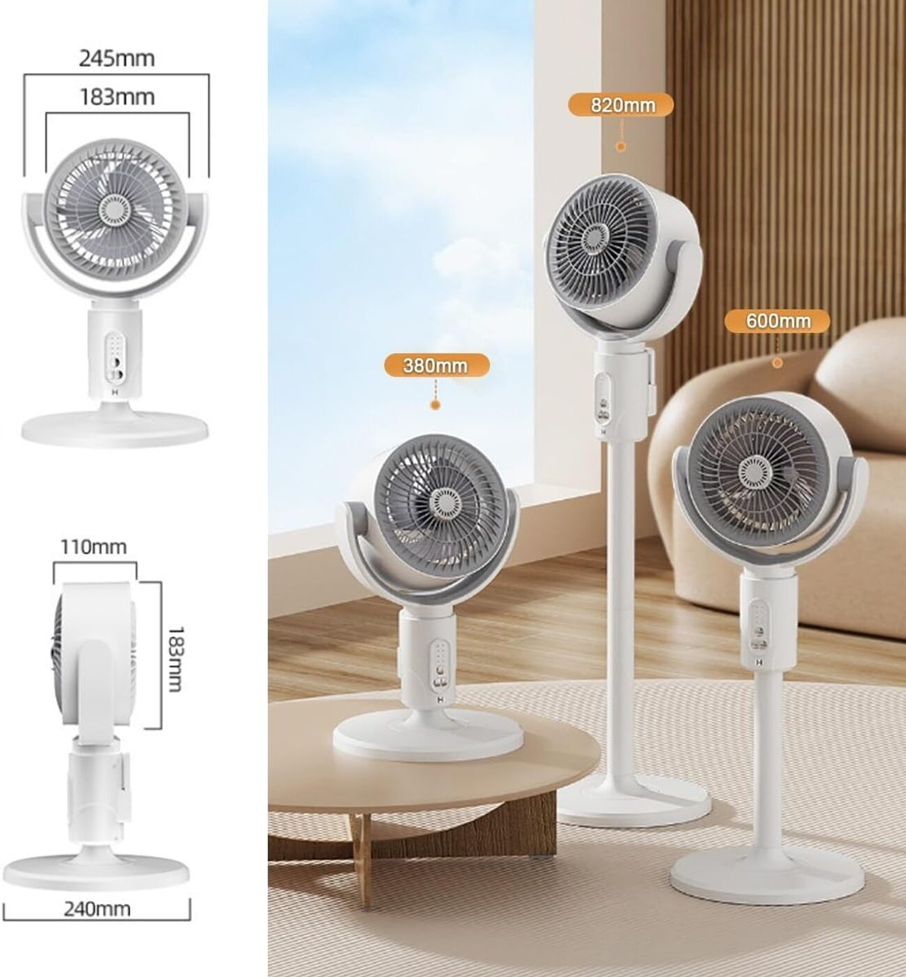Ventiladores blancos con dimensiones etiquetadas, sobre un fondo soleado con una mesa. Varios tamaños y vistas.