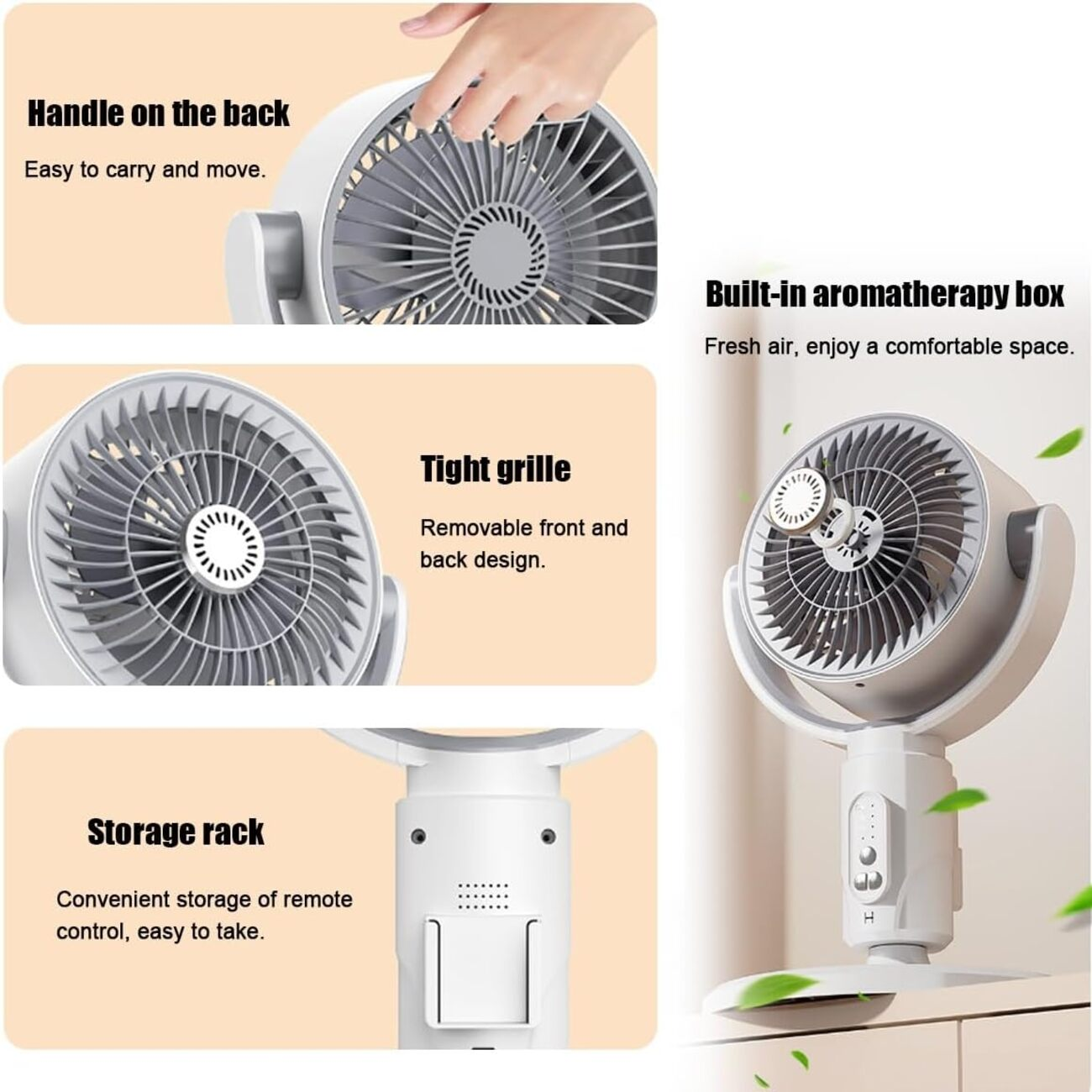 Un ventilador blanco con aspas grises, con asa, caja de aromaterapia y estante de almacenamiento. Vistas múltiples.