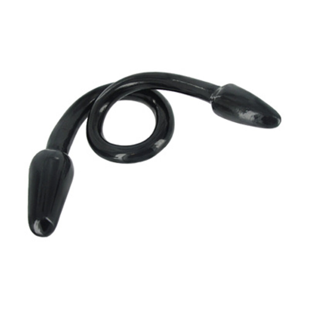 Schwarzer, gebogener Analplug. Zwei abgerundete Enden, verbunden durch einen geschlungenen Ring.