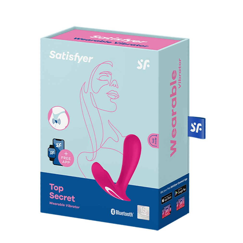 Una caja azul claro con un vibrador portátil rosa. Texto: Satisfyer, vibrador portátil, Top Secret.