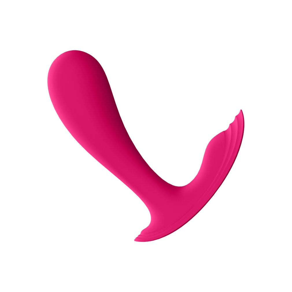 Un juguete sexual rosa con un diseño curvo y un extremo acampanado y acanalado, aislado sobre blanco.