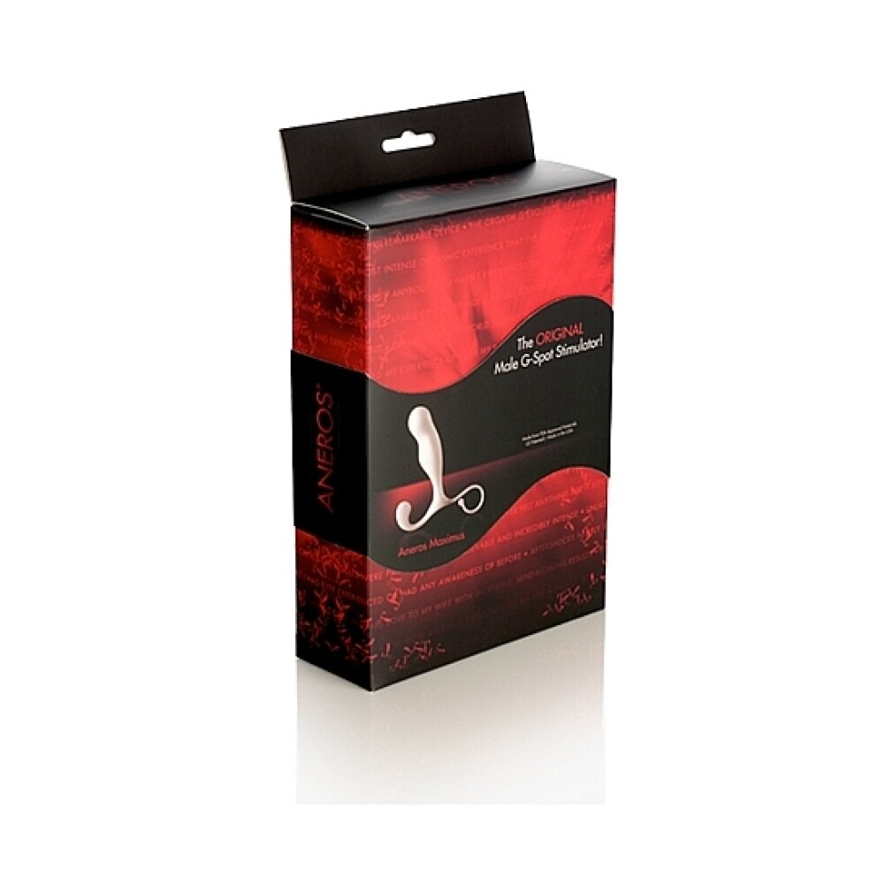 Eine schwarze Box mit einem G-Punkt-Stimulator. Text: The Original Male G-Spot Stimulator.