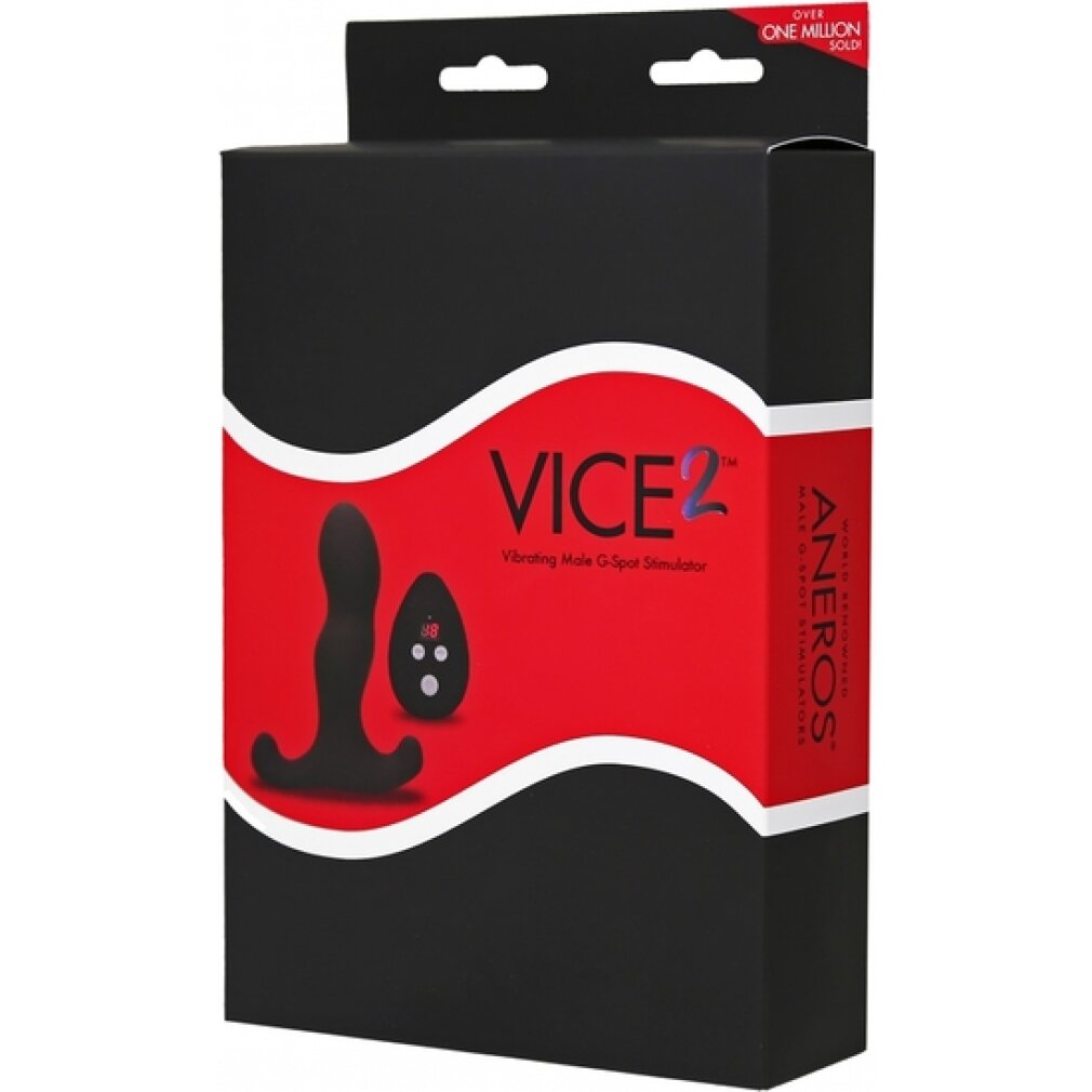 Eine schwarze Box mit der Aufschrift Vice 2, mit einem G-Punkt-Stimulator und Fernbedienung.