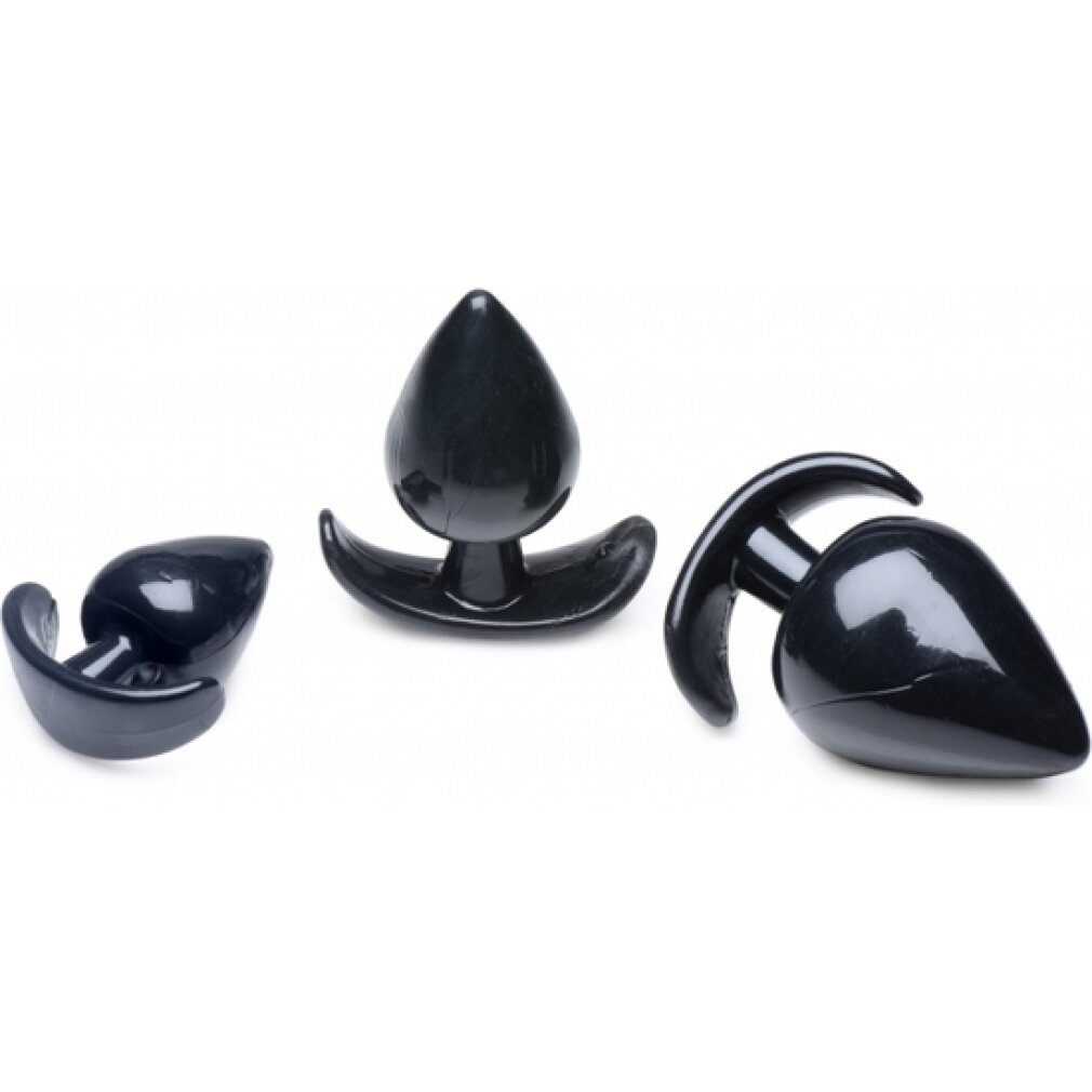 Drei schwarze Analplugs unterschiedlicher Formen, isoliert auf weißem Hintergrund.