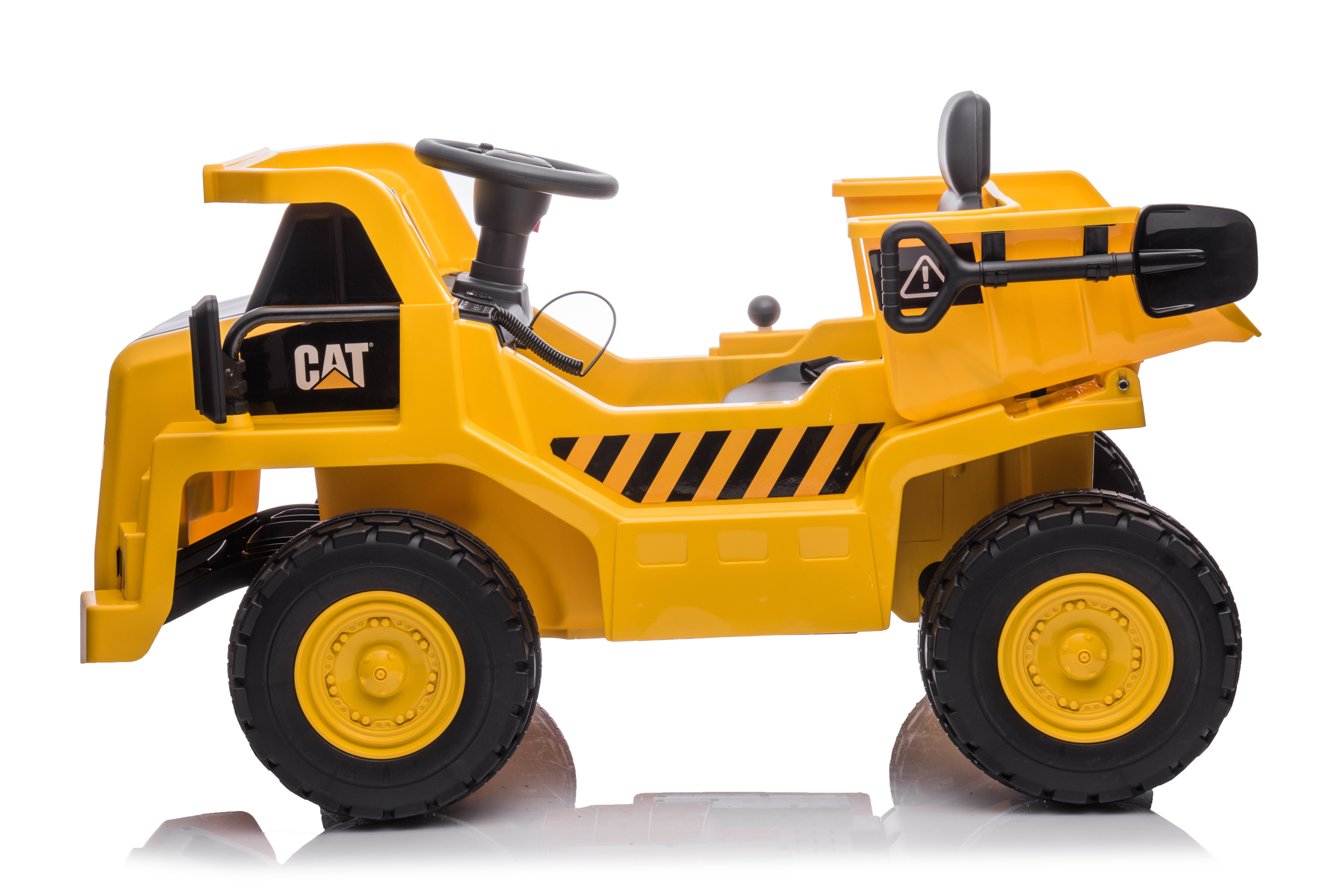 Veicolo da costruzione CAT giocattolo giallo. Strisce nere e gialle.